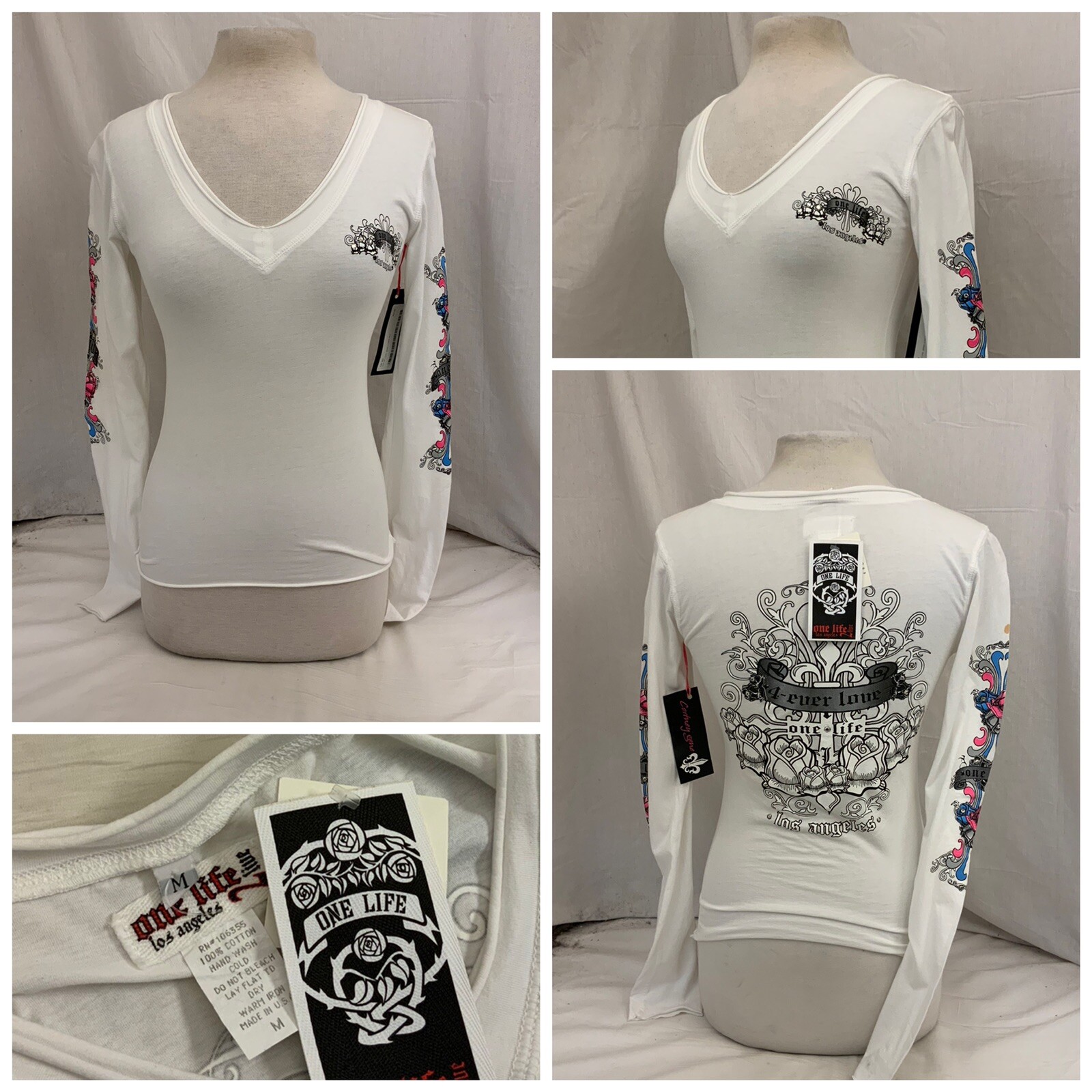 One Life 2 Live Shirt S White Long Sleeve 100% Cotton Made USA NWT YGI N1-208CG