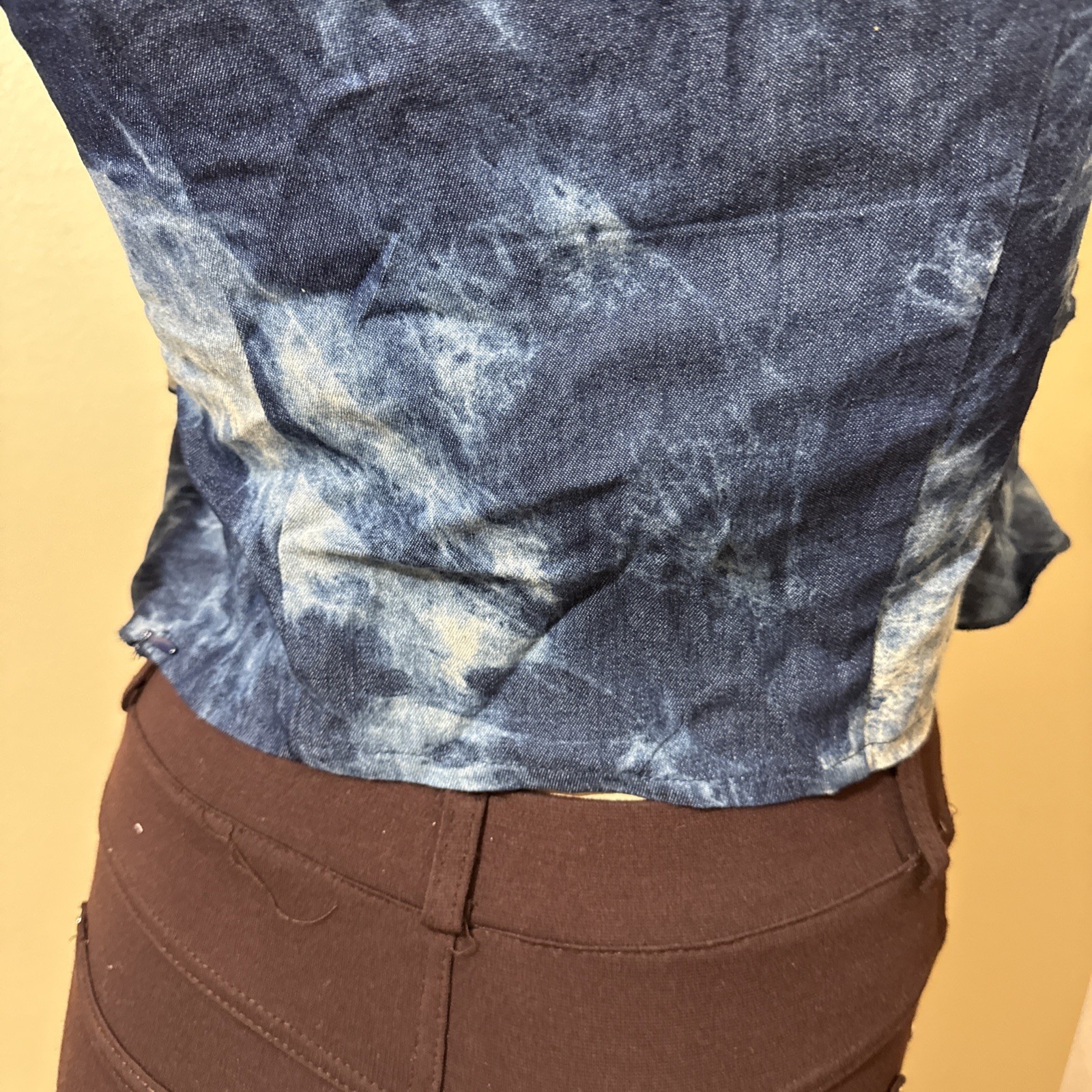 Women’s Blue Denim Cotton Casual Summer Open Stretch Zipper Size S Blouse Top