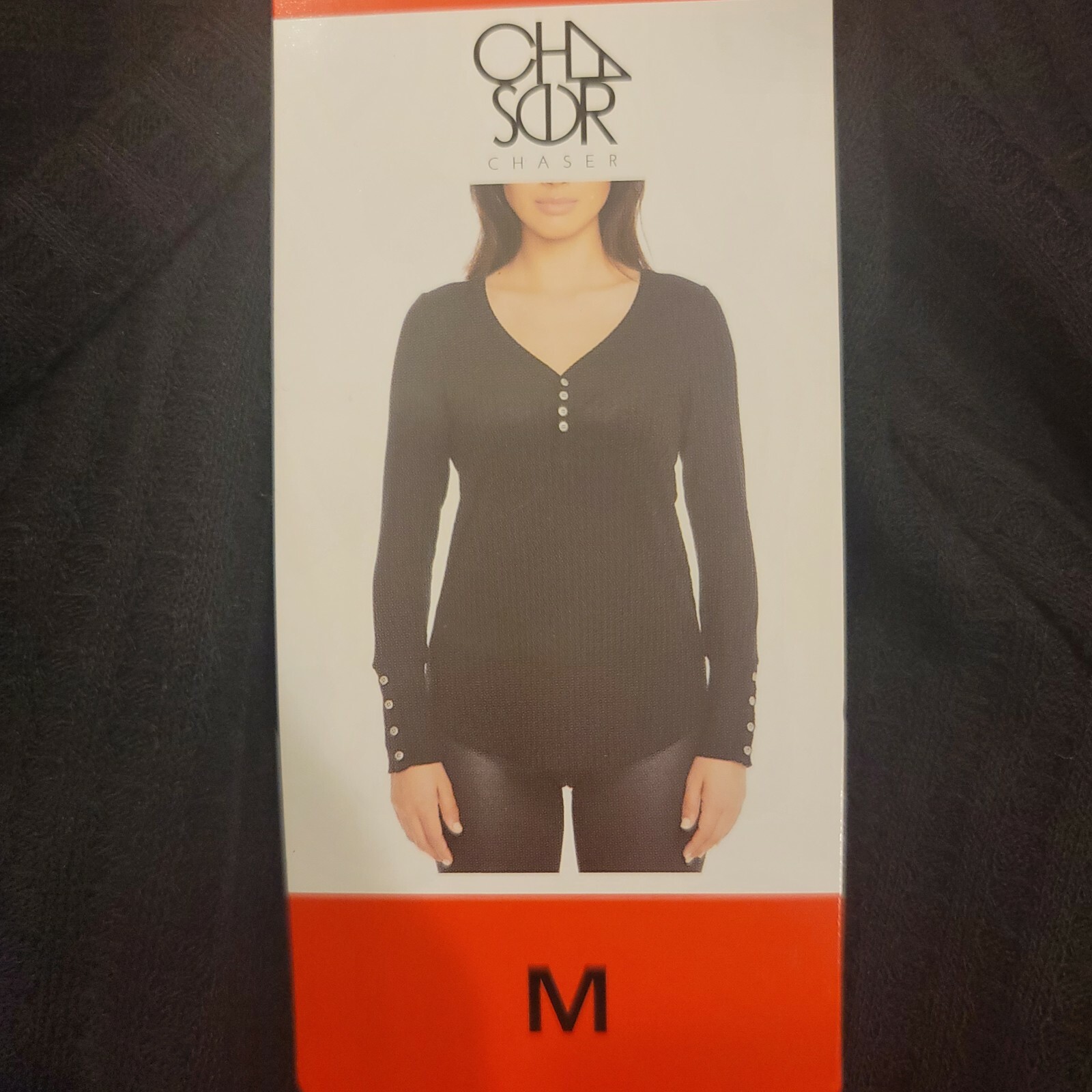 NWT Ch sor solid Black Pull Over Top V Neck Partial Button Long Sleeves Size M