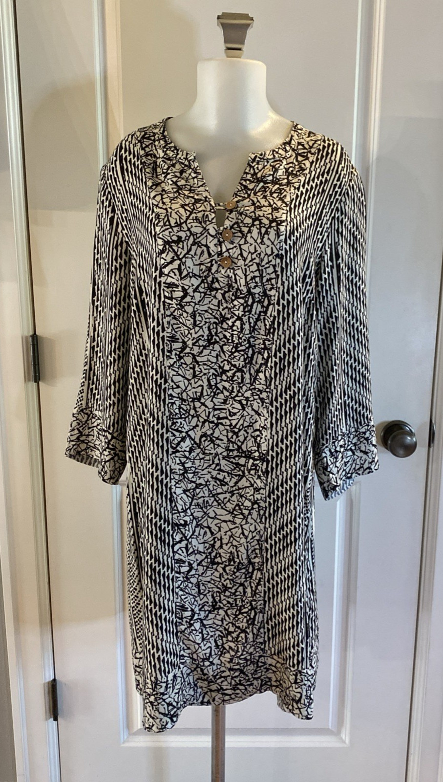 Soft Surroundings Size L Black White Mixed Print Shirt Dress Tunic Artsy Boho