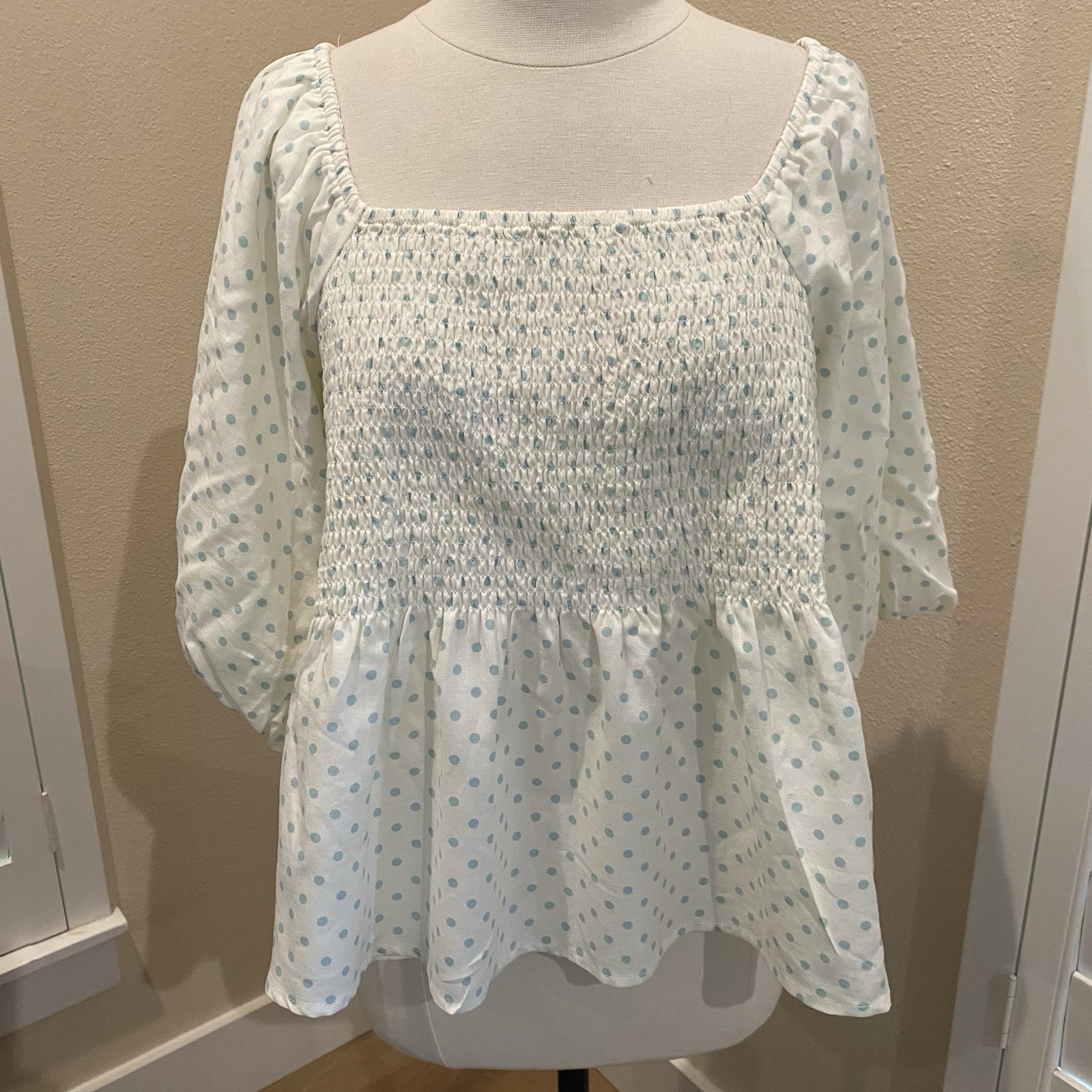 NWT Versona Top Smocked Short Puff Sleeves Blue Dot Baby Doll Size XL
