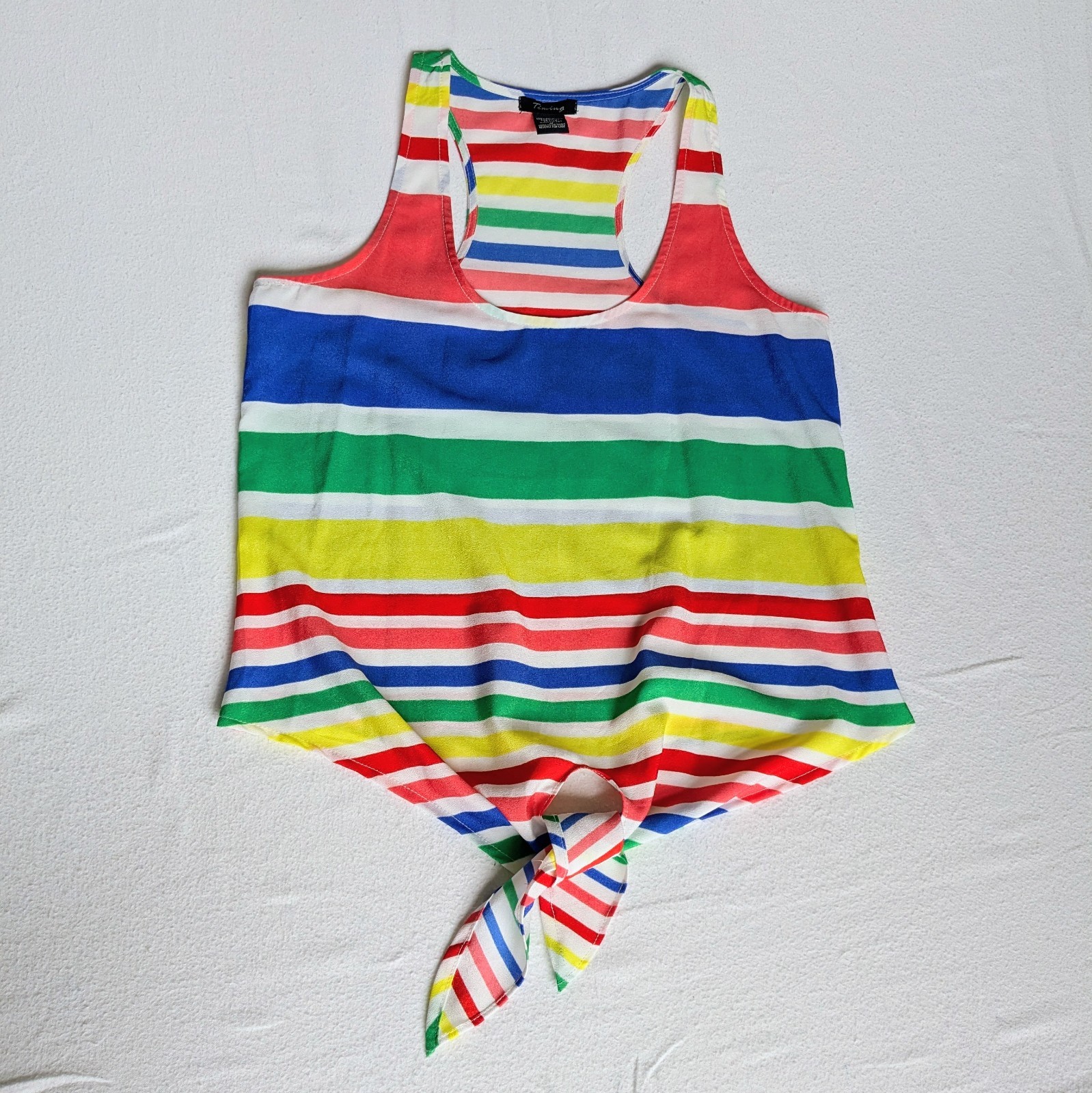 Timing Women’s Medium Chiffon Horizontal Striped Rainbow Racerback Tank Tie up