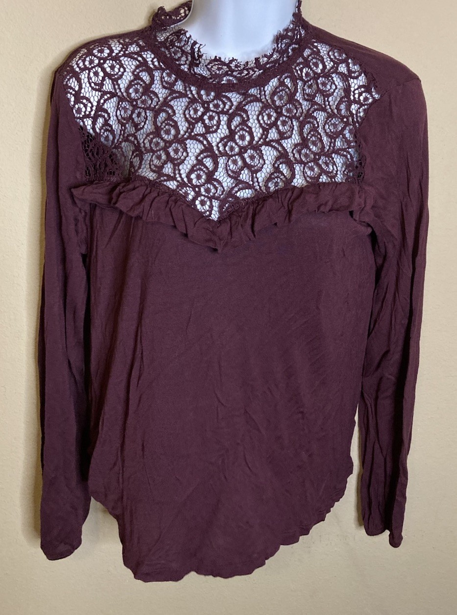 Vero Moda Womens Sz M Burgundy Lace Ruffle Key Hole Long Sleeve