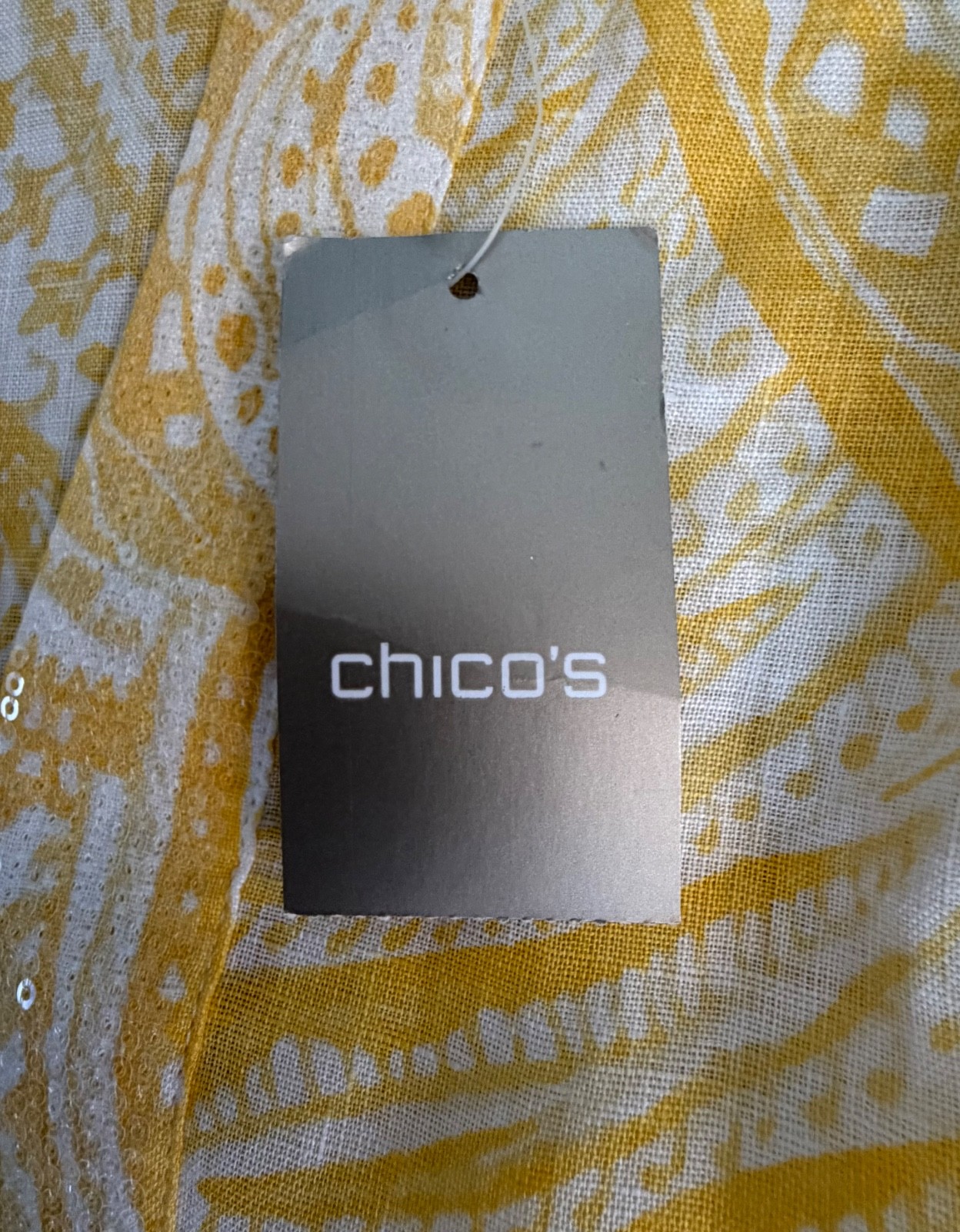 NWT Chico’s Size 0 (US 4) Women’s 100% Linen Paisley Boho Sequin Yellow Top $109
