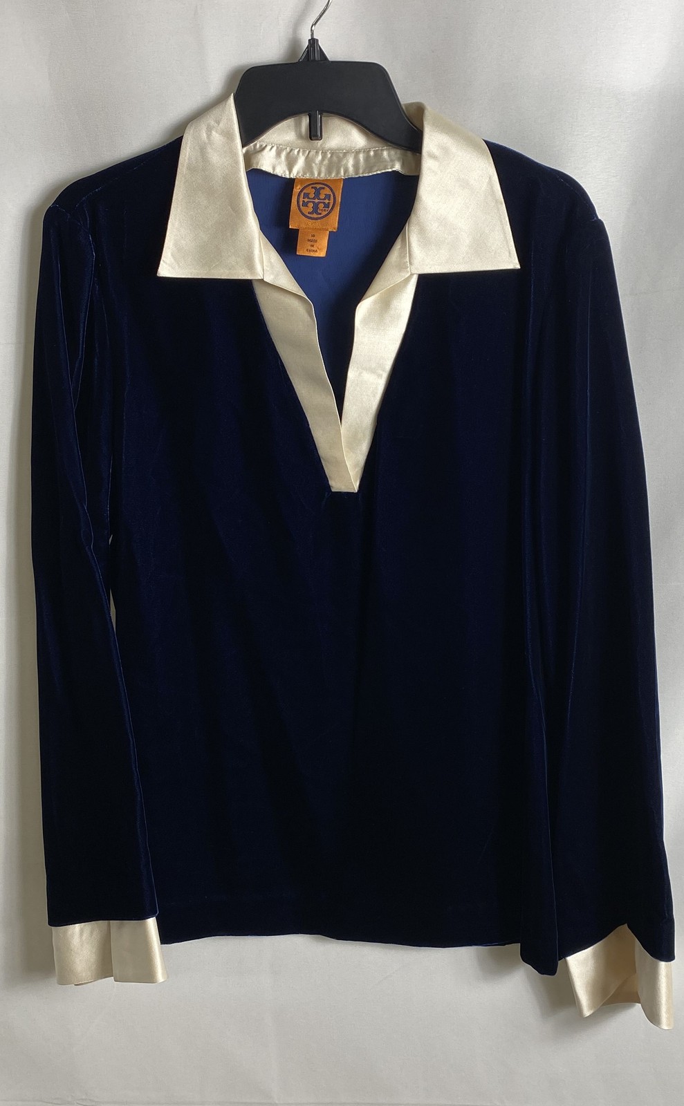 Tory Burch Women’s Navy Blue Velvet Long Sleeve Contrast Collar Tunic Blouse 14