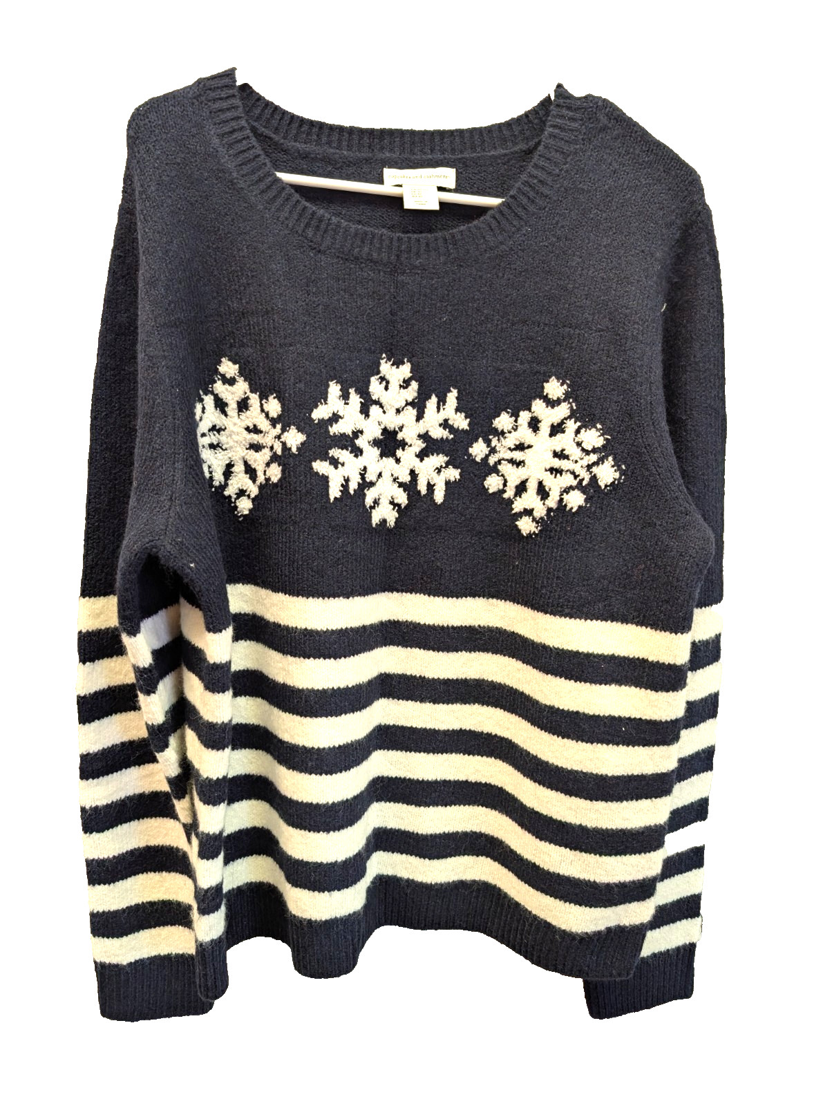 Snowflake Striped Sweater Women XL Fair Isle Pullover Cozy Cottage Nautical Navy