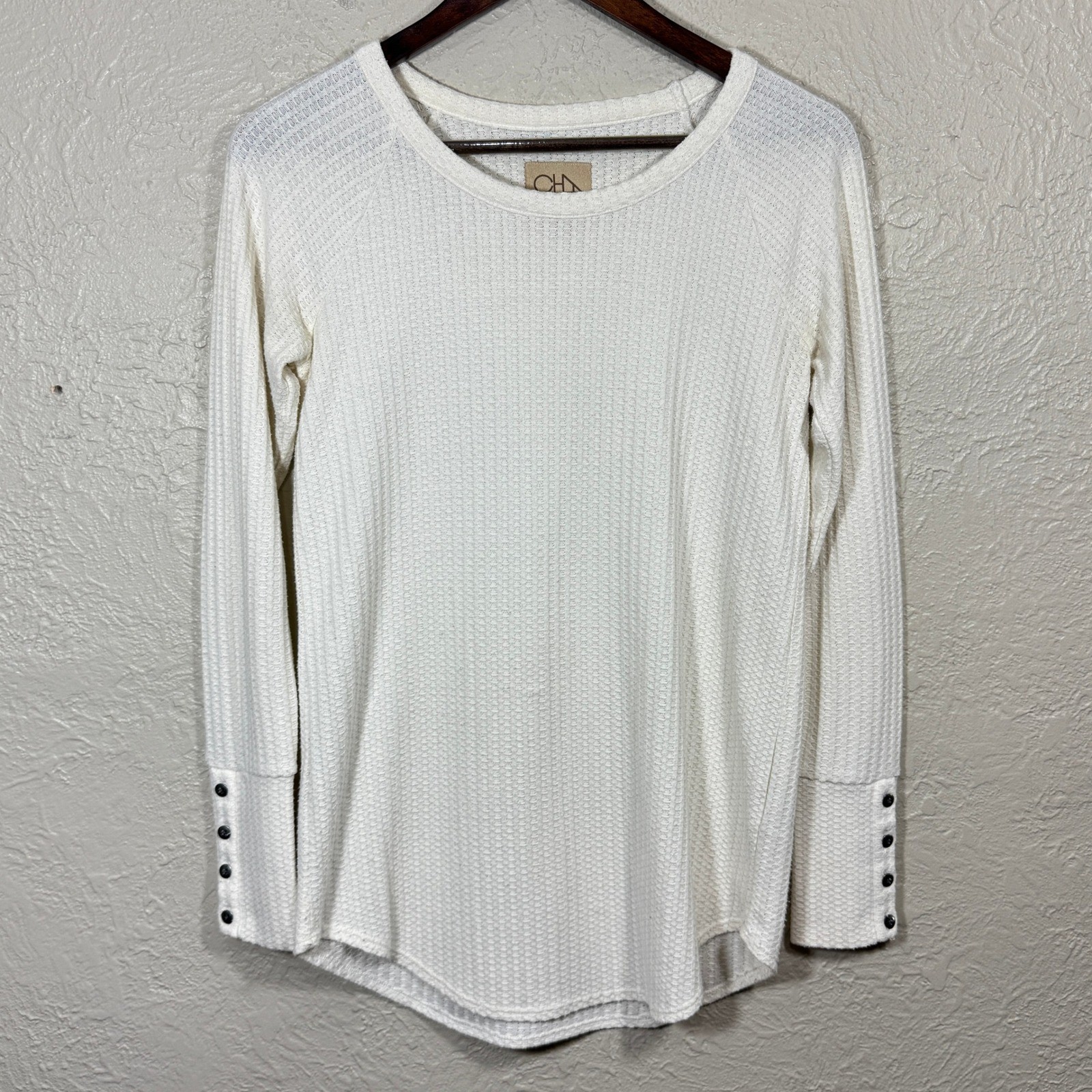 Chaser Waffle Knit Thermal Top Small Cream Pullover Henley Travel Stretch Boho