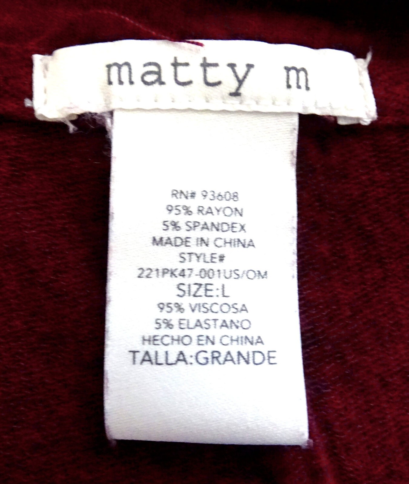 Sz L Matty M Stretchy Pullover Burgundy Rayon/Spandex