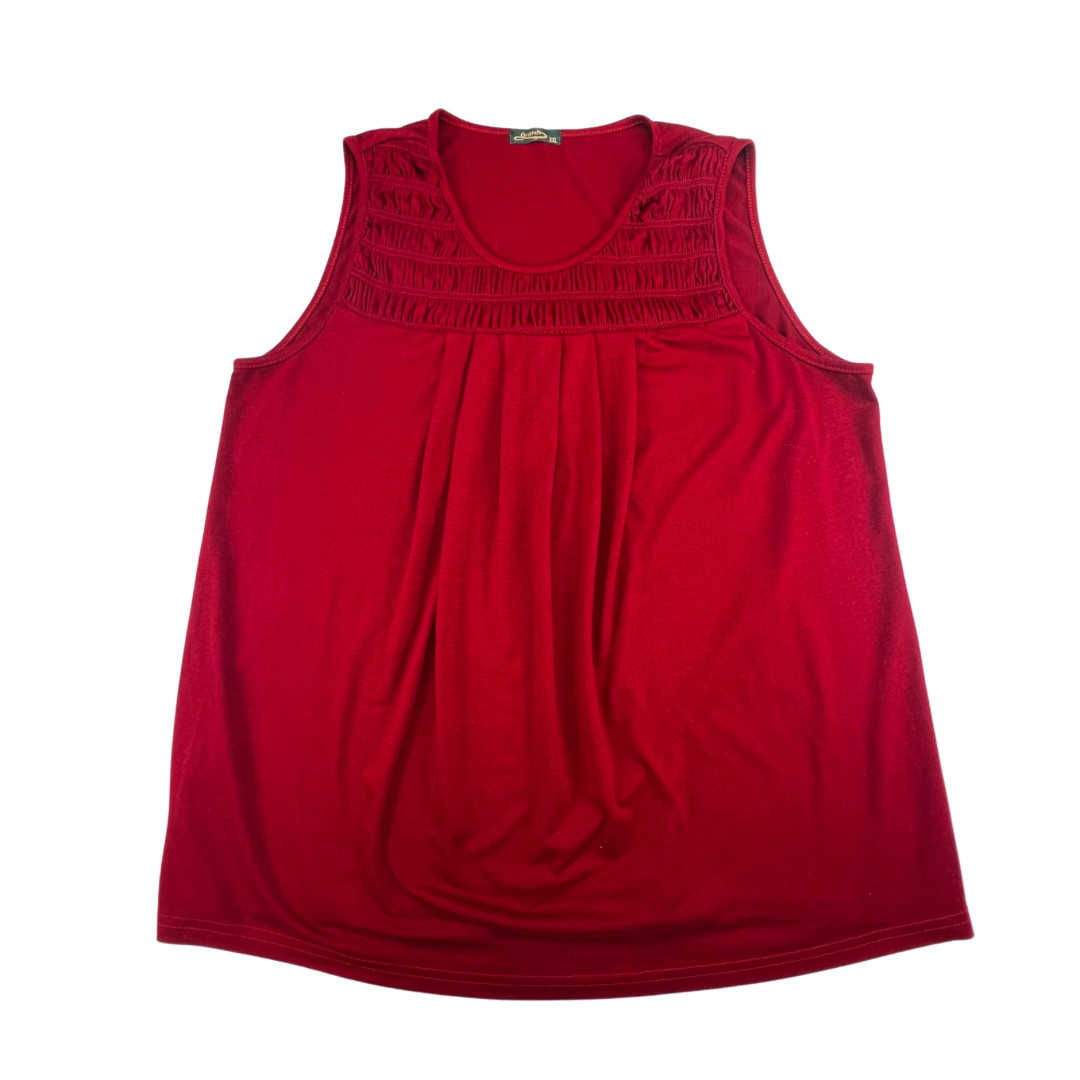 Ofeefan Blouse 2X Red Smocked Yoke Sleeveless Gathered Shoulder Shirred Tank Top