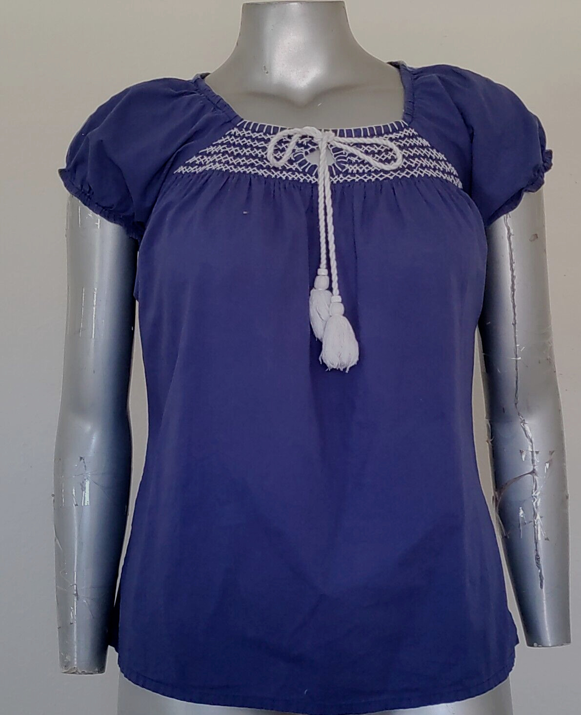 WOMAN World Market TOP BLOUSE Size S/M Cotton Embroidered &Tassel Short Sleeve