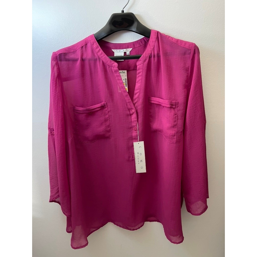 Como Woman Very Berry Magenta Split Neck Long Sleeve Blouse Sheer 3X NWT