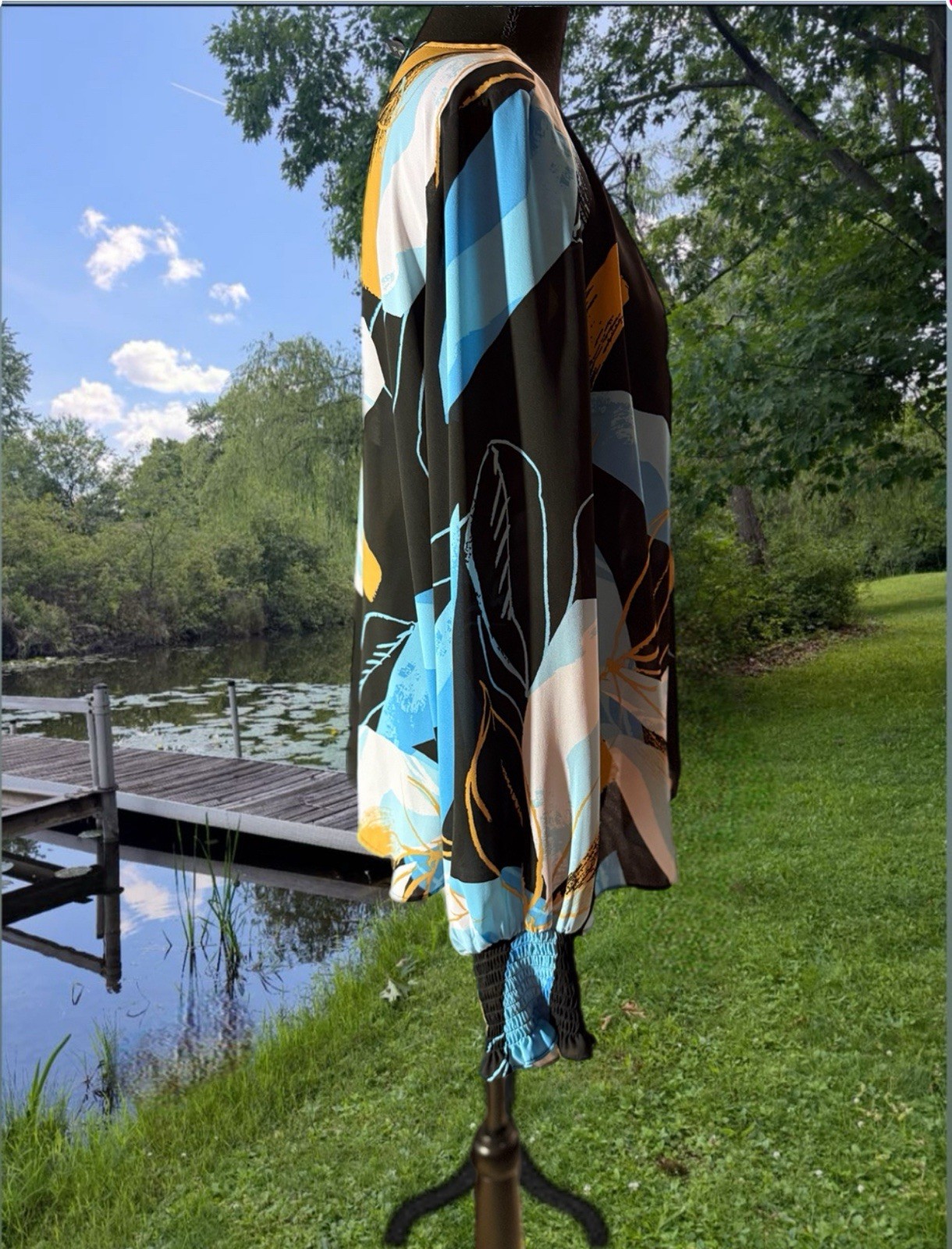 Black Floral Abstract Long-Sleeve Blouse with Blue & Tan Accents WORTHINGTON XL
