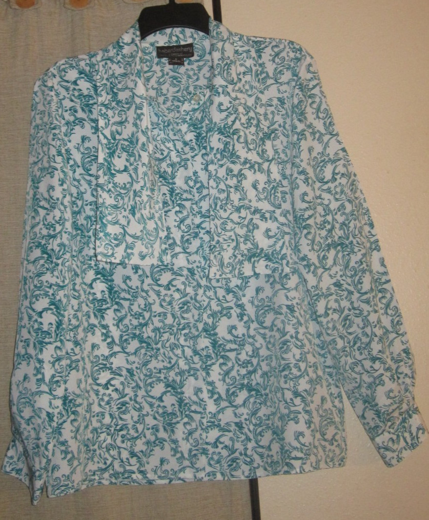 8 s shirt blouse dressy top eggshell blue green teal design vintage Haberdashery