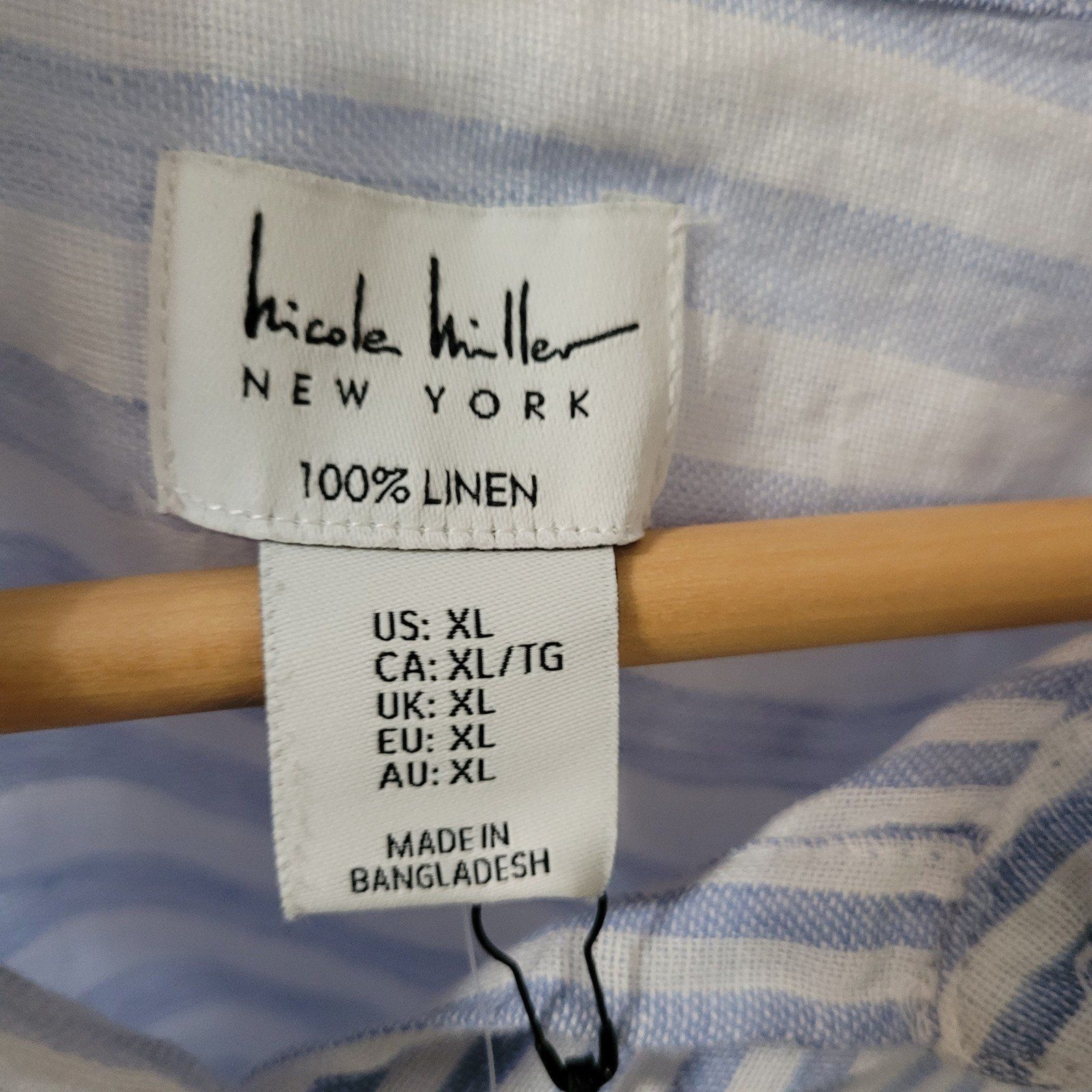 Nicole Miller Linen Top Womens Sz XL Blue White Striped Long Sleeve Coastal New