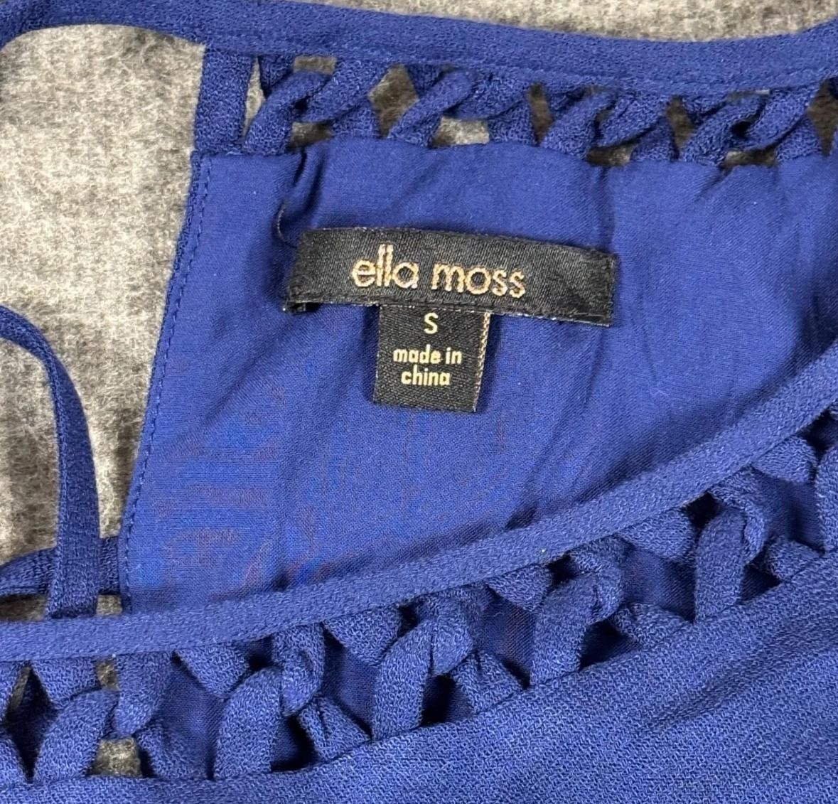 Ella Moss Blouse Womens Small Blue Peasant Top Braided Neck Tie Back Rayon Boho