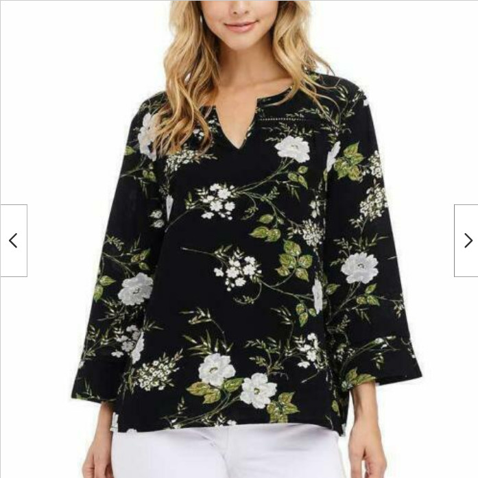 FEVER WOMEN’S 3/4 SLEEVE V-NECK FLORAL BLOUSE (BLACK FLORAL SMALL)NWT