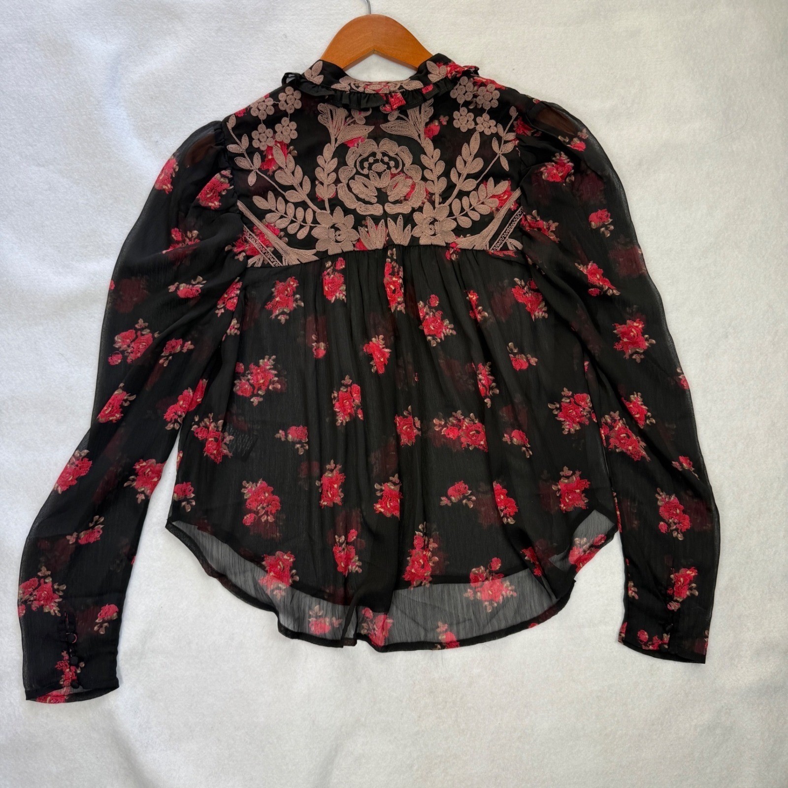 Free People Womens Dark Floral Boho Embroidered Sheer Blouse Size XS Whimsigoth