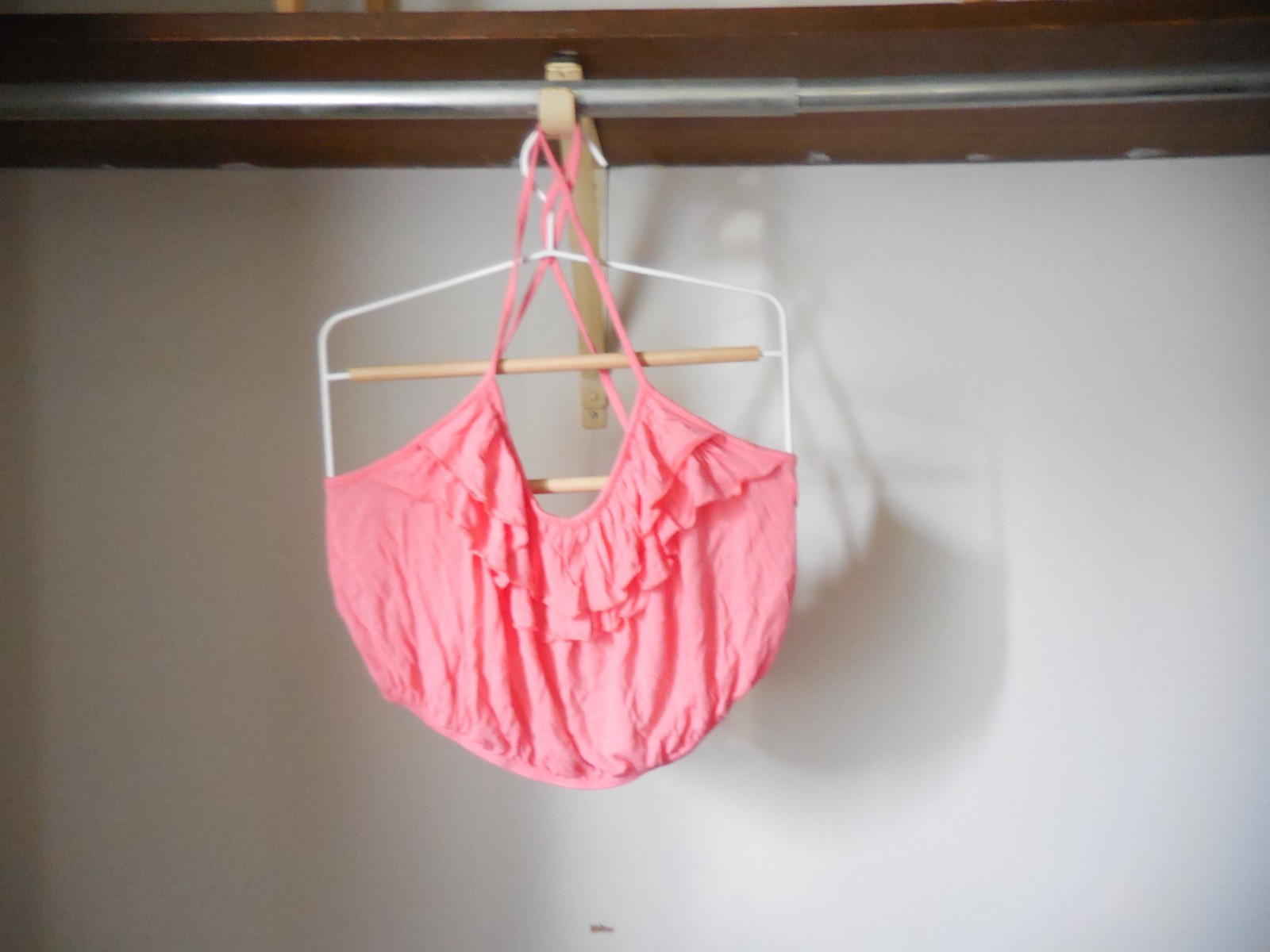 L Ladies Top in Coral Pink w/ Ruffles, Elastic Waste & Criss Cross Straps