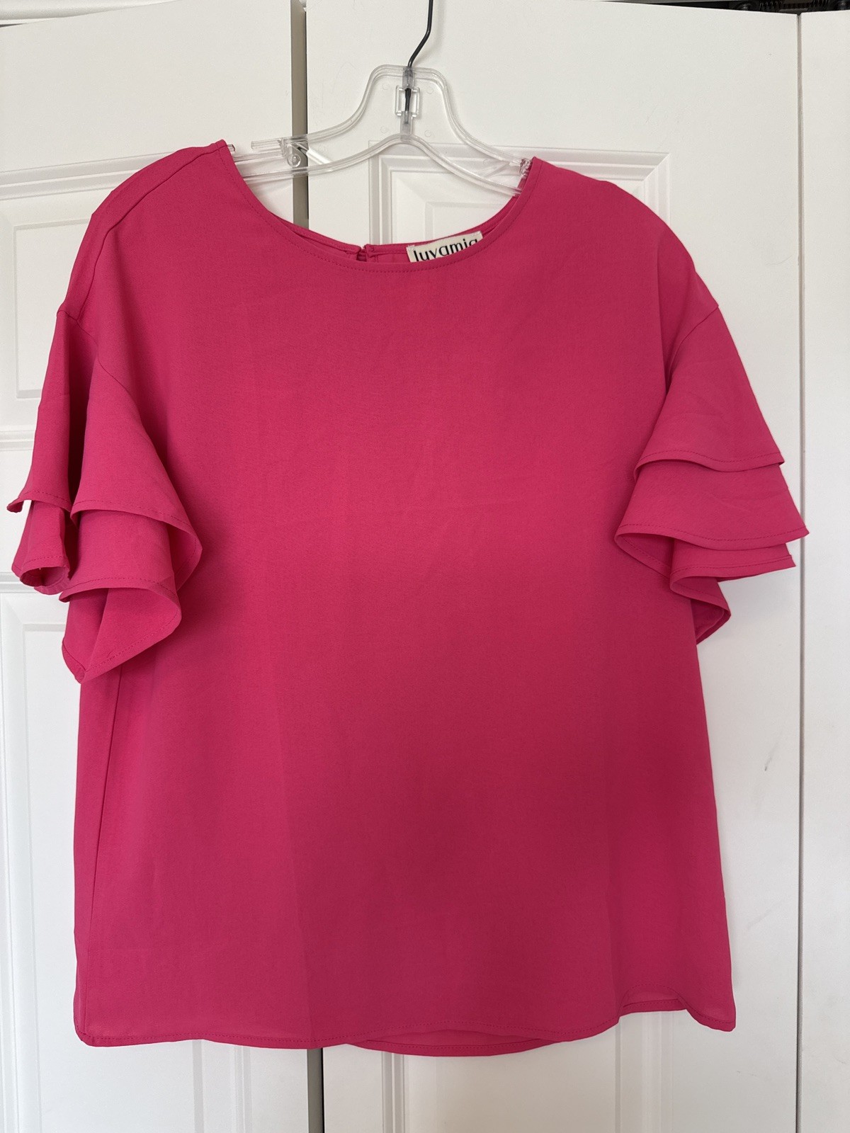 Luvamia Womens Coral Pink Tiered Bell Sleeve Blouse Keyhole Back Size Small