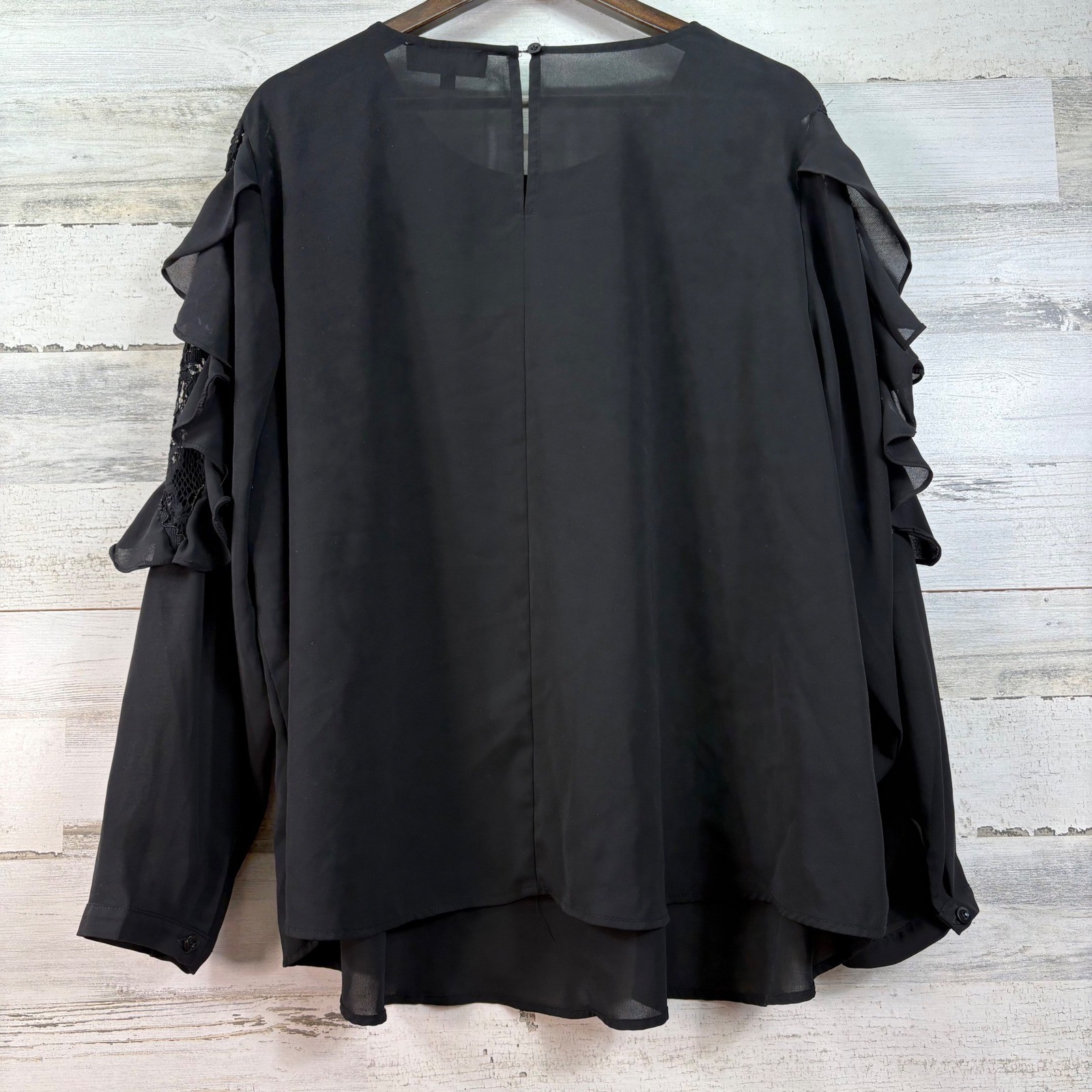 Eloquii Womens Sz 24 Black Ruffle Lace Sleeve Blouse Long Sleeve Round Neck Top