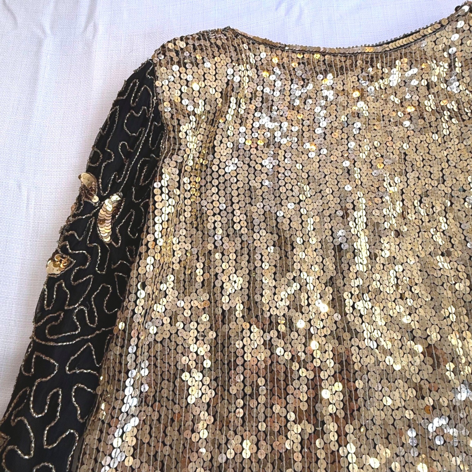 Vintage Joseph Le Bon Pure Silk Sequin Beaded Top Small Black Gold 80s