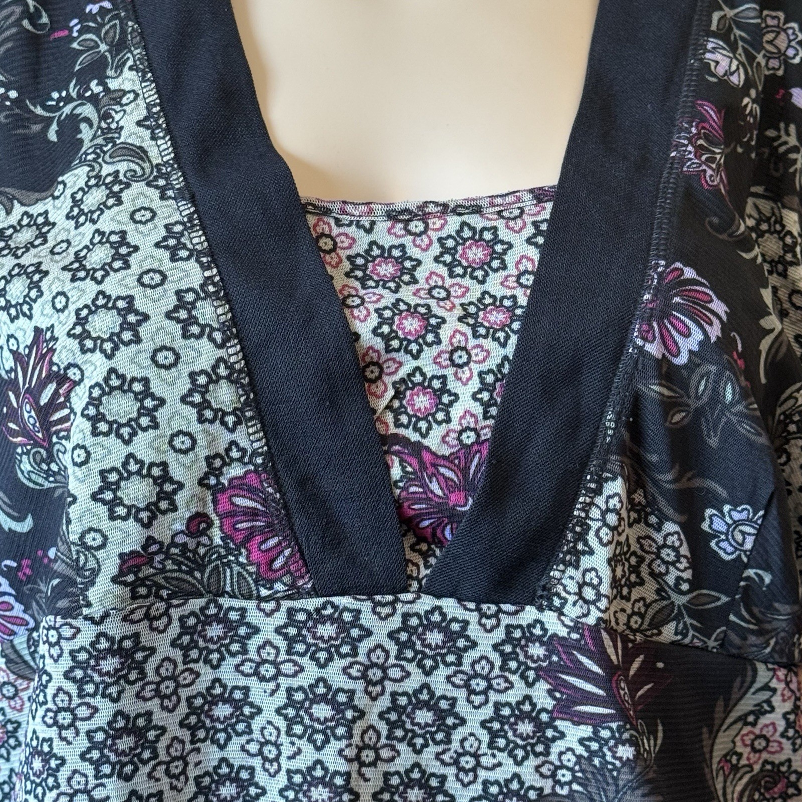 Vintage Y2K Simply French Floral Sheer Mesh L Top Black Whimsigoth Fairy