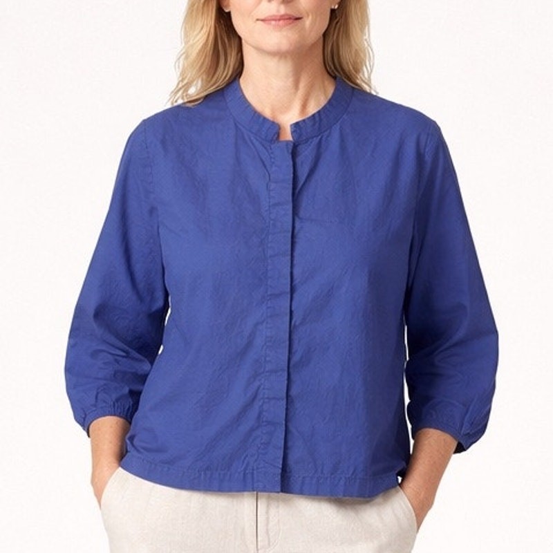 Eileen Fisher Cotton Mandarin Collar Top M Periwinkle 3/4 Puff Sleeve Minimalist