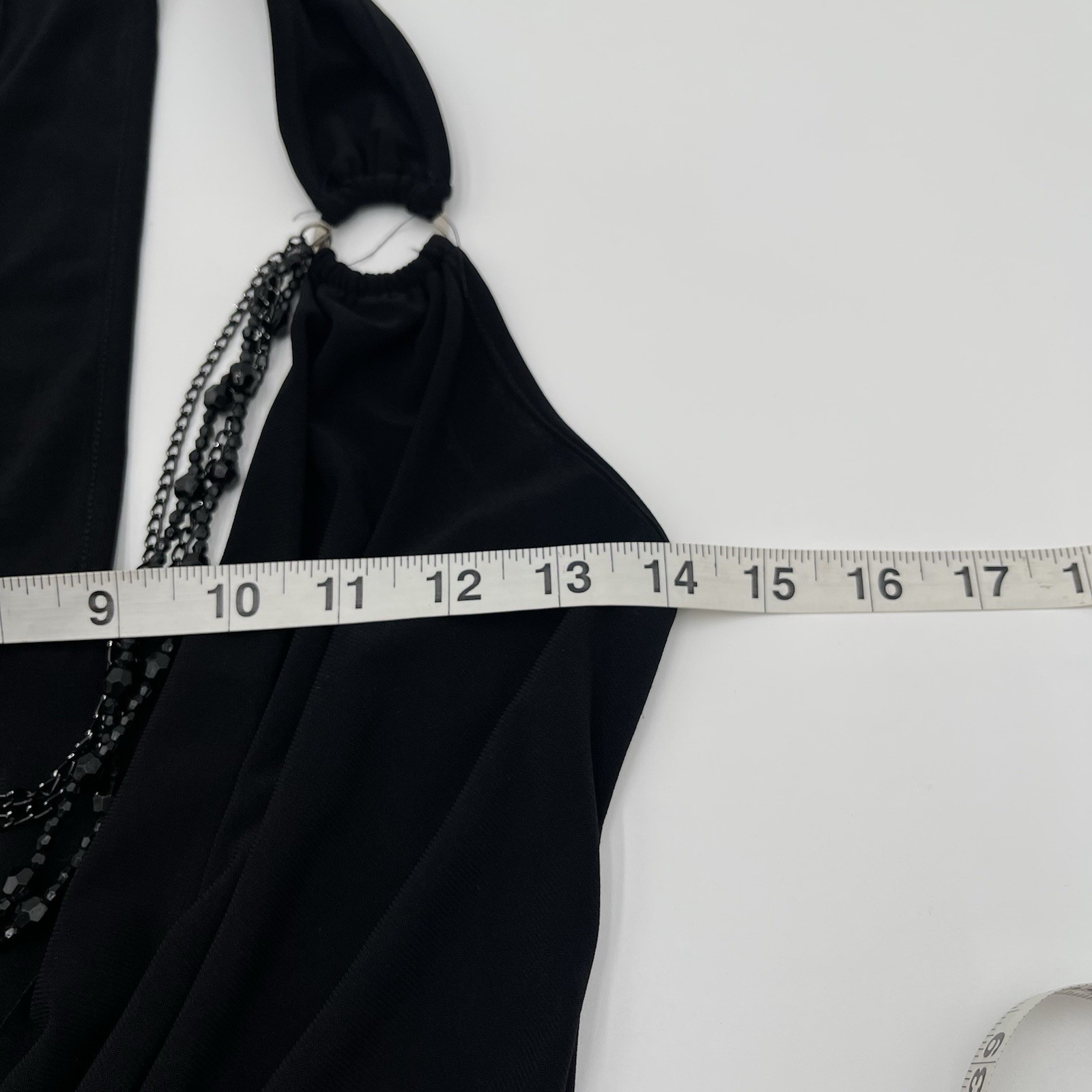 VTG Y2K Vanity Black Halter Top Slinky Draped Neckline Attached Necklace Medium