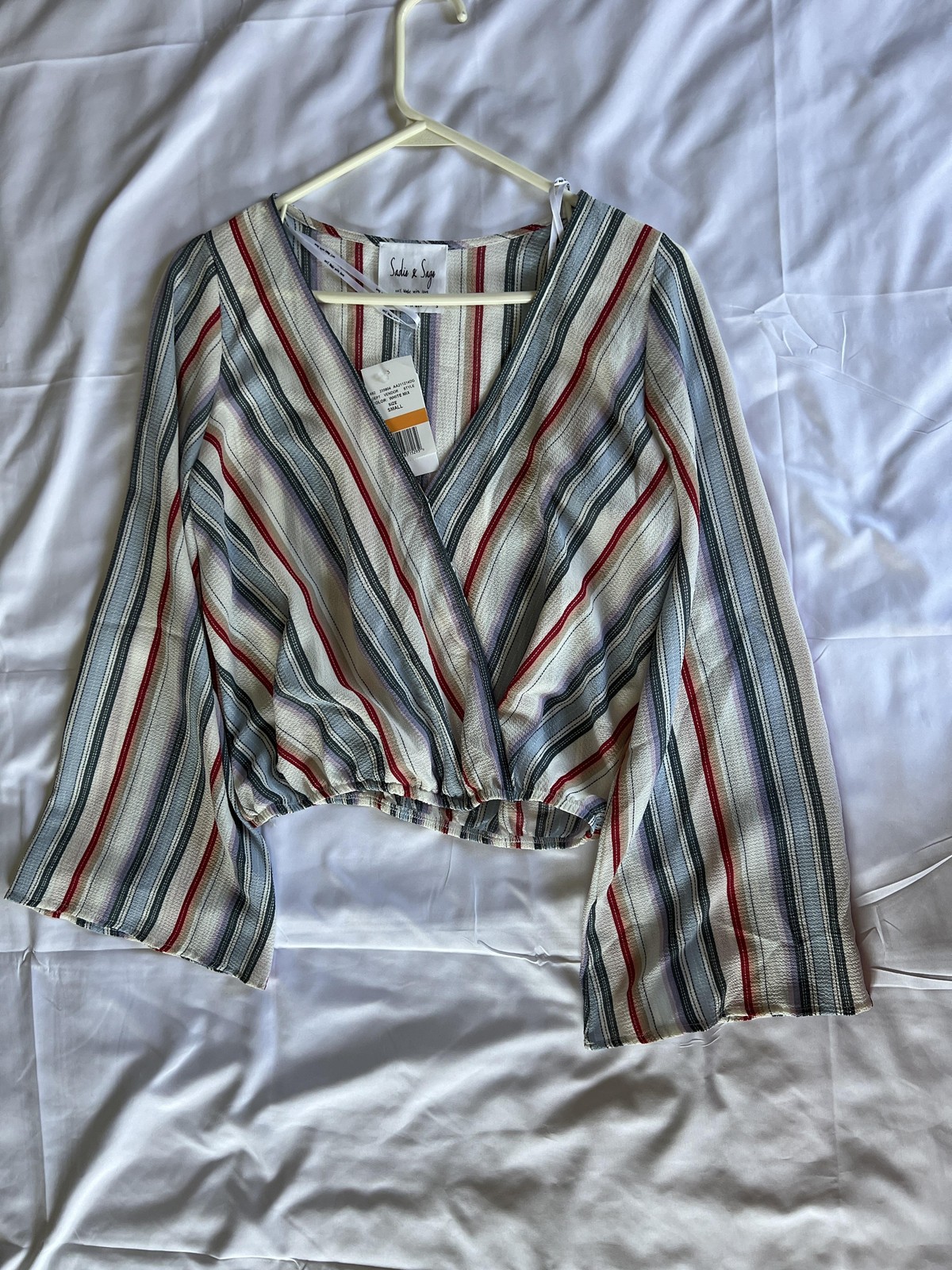 Sadie & Sage Top Womens Small Striped Wrap Crop Oversized Boho Sleeves Made USA
