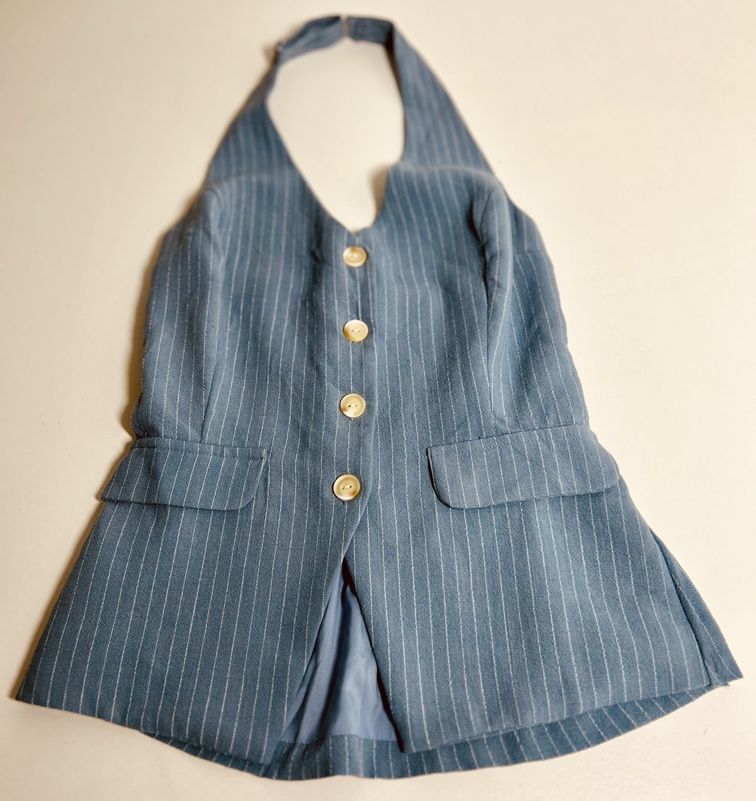 NWT Monteau Los Angeles Women’s S Linen Blend Gray Pinstripe Halter Vest Lined