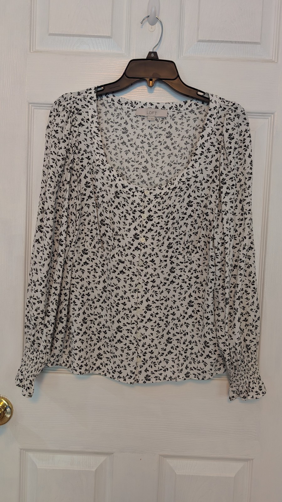Loft Button Blouse Whisper White Black Print Square Neck Smocked Sleeves Rayon M
