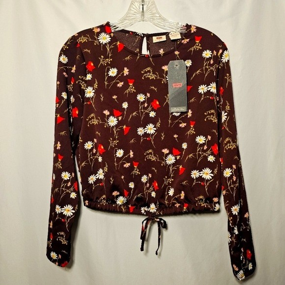 Levi’s Womens Brown Floral Polyester Long Sleeve Blouson Top Blouse Small