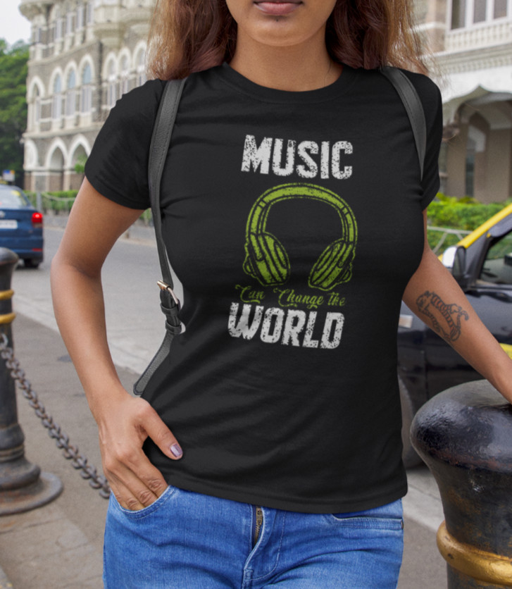 Ladies Slim Fit Music Can Change The World T-Shirt 100% Cotton Graphic Tee