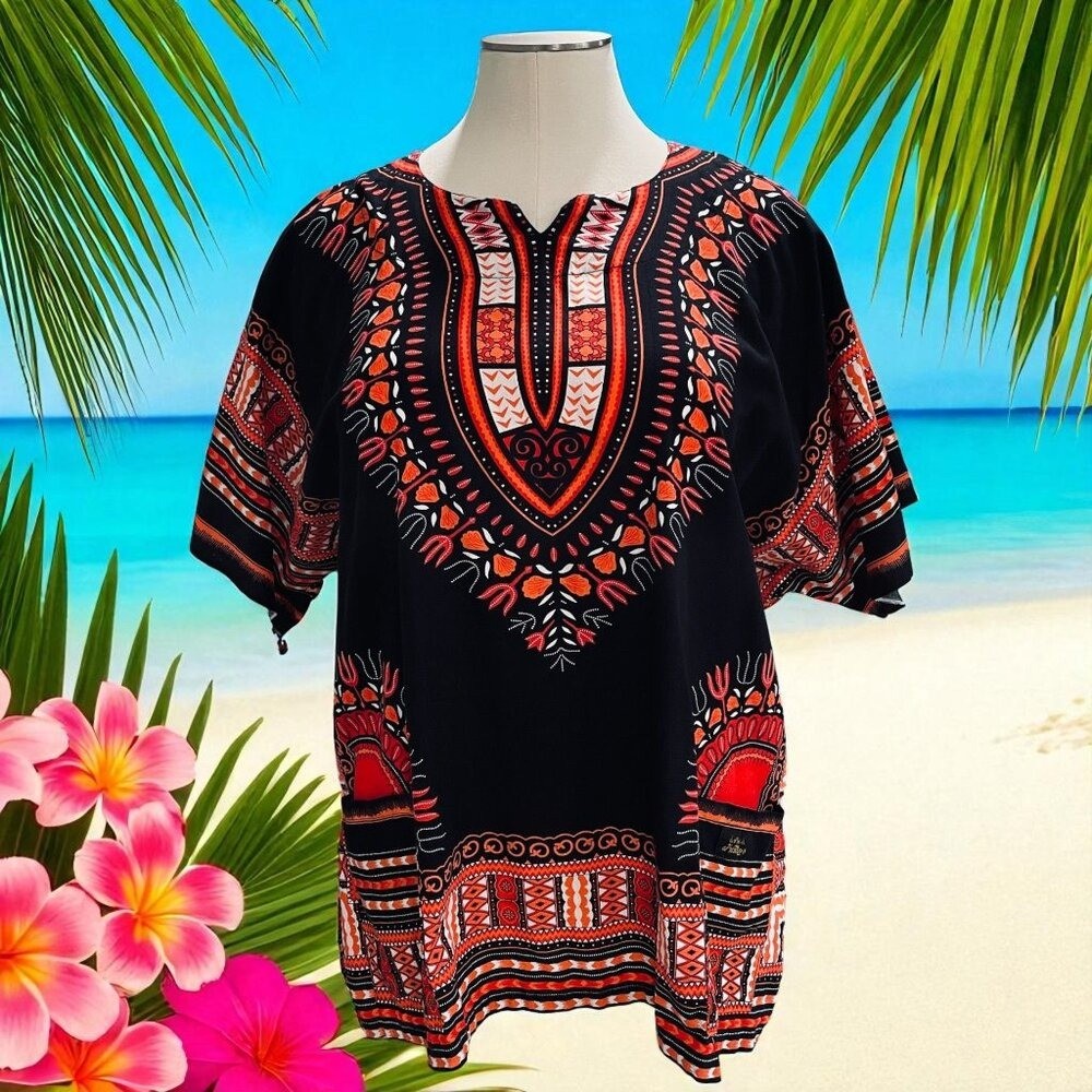 Raan Pah Muang Dashiki Top 3XL Black Red Cotton Festival Boho Summer Vacation