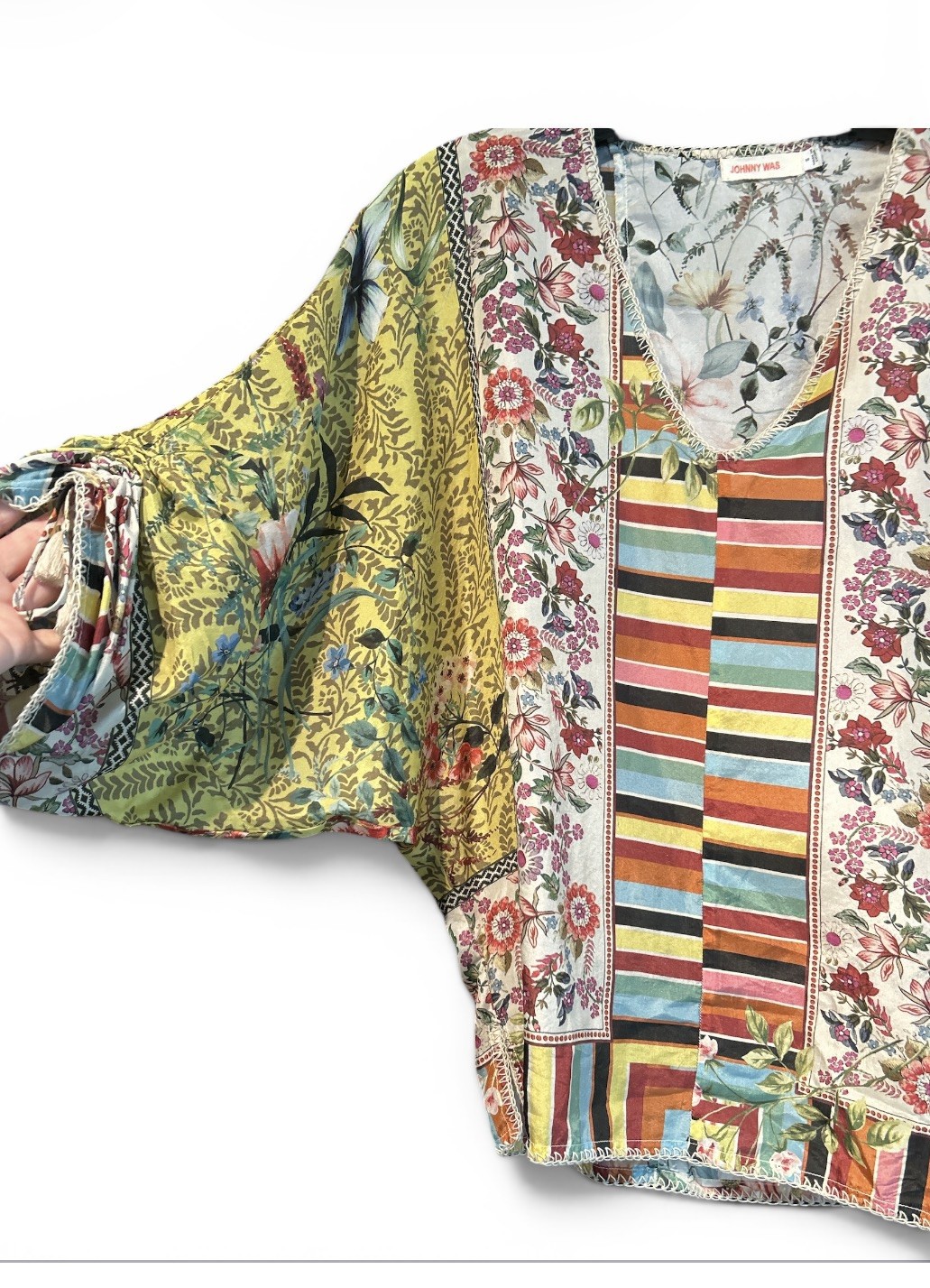 Johnny Was 100% Silk Patchwork Floral and Striped V-Neck Tunic Top size Small