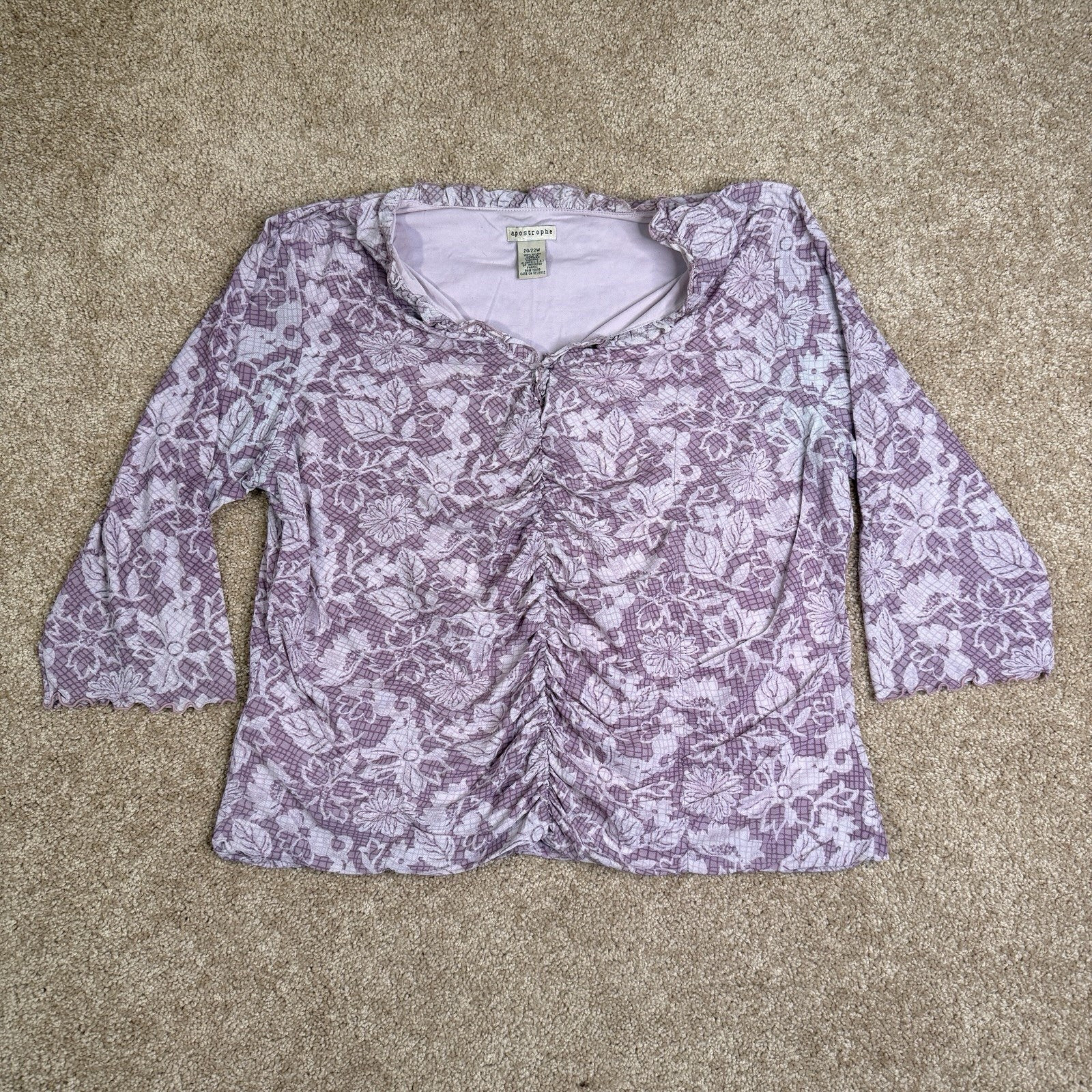Apostrophe Top Womens 20/22W Pink Paisley Blouse Long sleeve Pullover Rouching