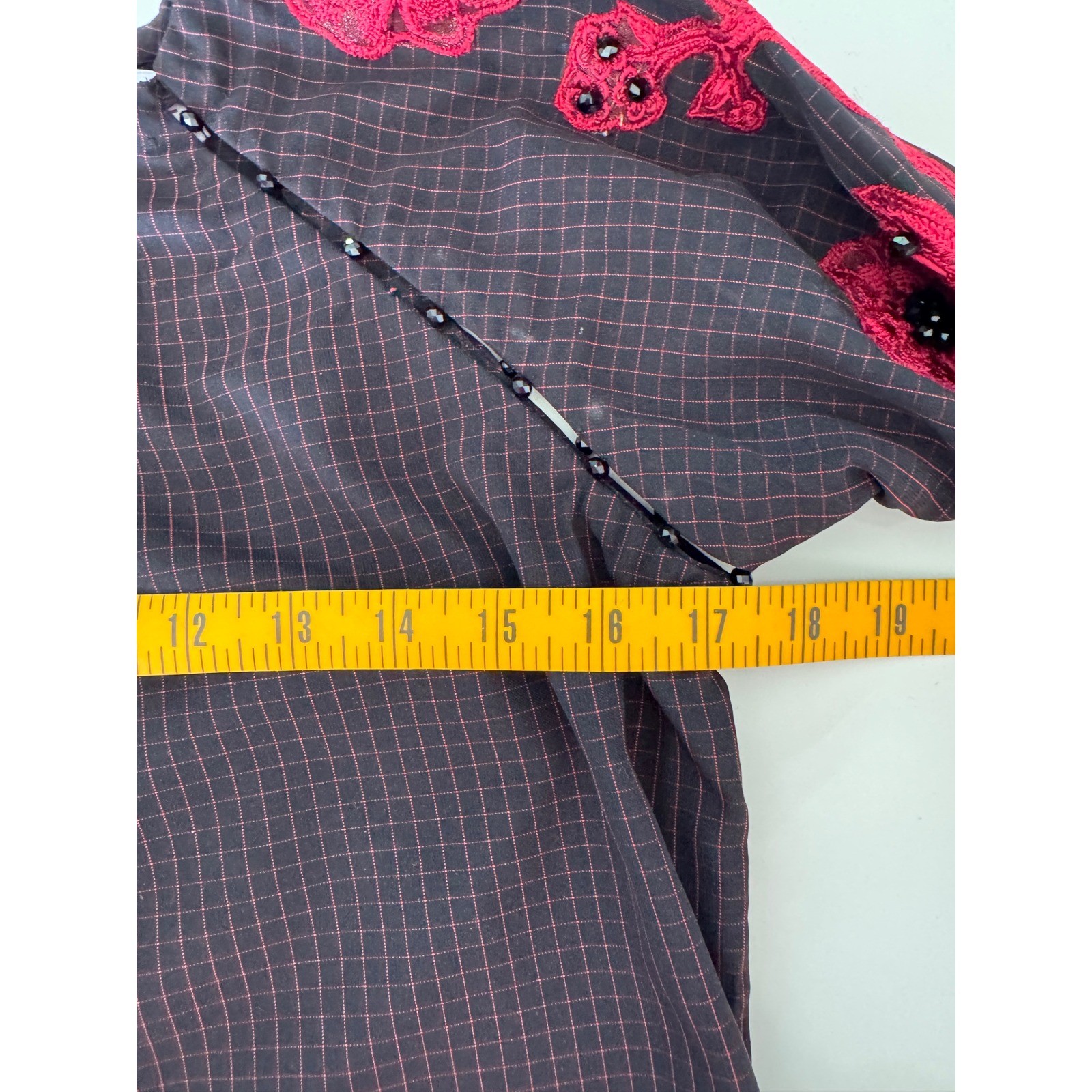 VTG Maria B Cotton Grid Tunic Top Black Red Pink Floral Beaded Embroidered XS