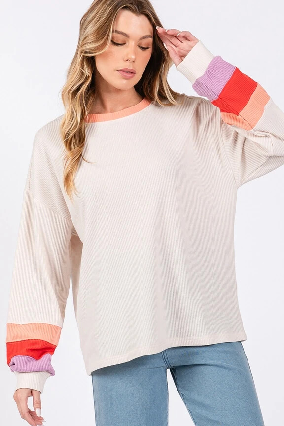 SAGE & FIG CASUAL COLORBLOCK RAGLAN SLEEVE TOP SAND ST-7271- SIZE LARGE