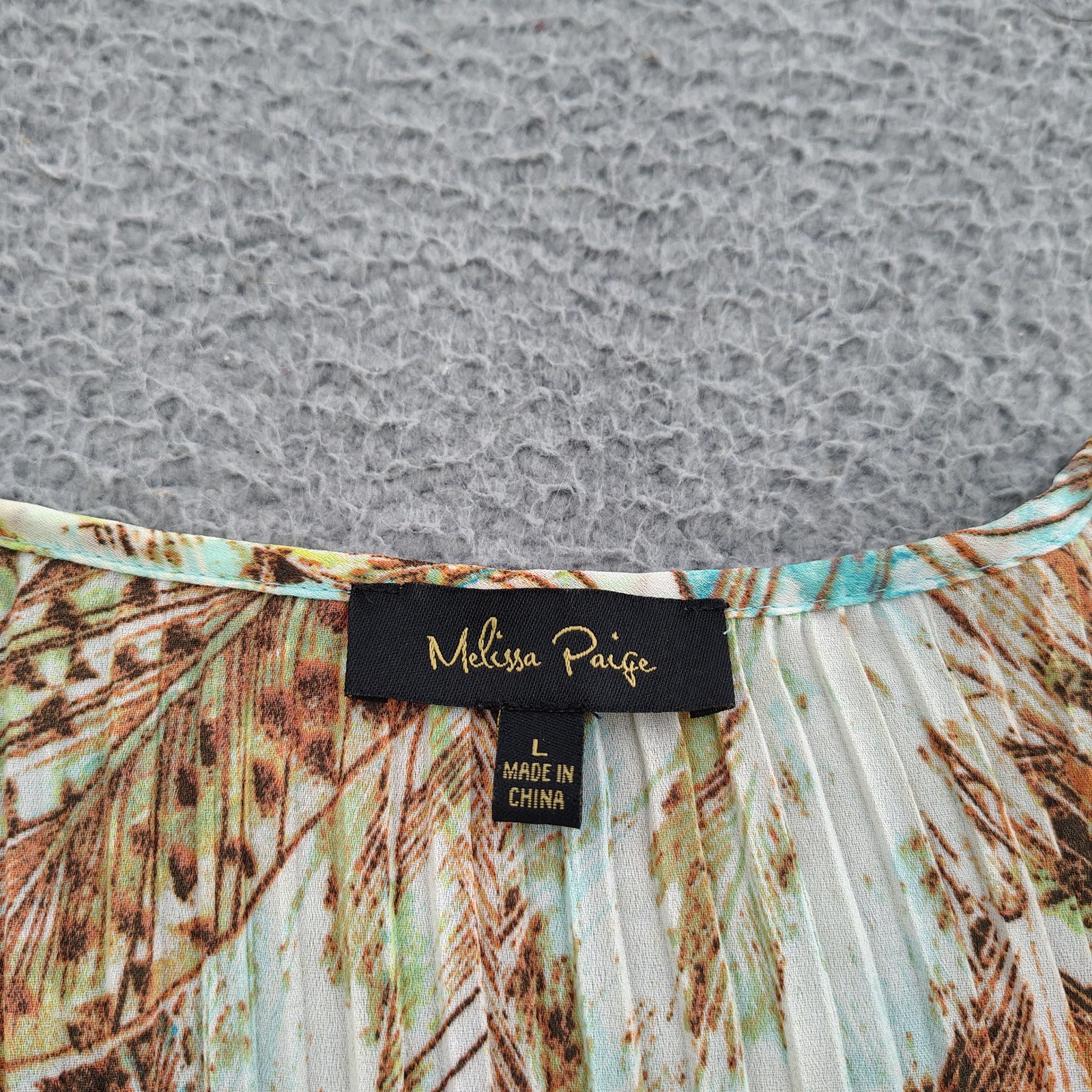 Melissa Paige Blouse Womens L Multicolor Feather Print Boho Tie Neck Long Sleeve
