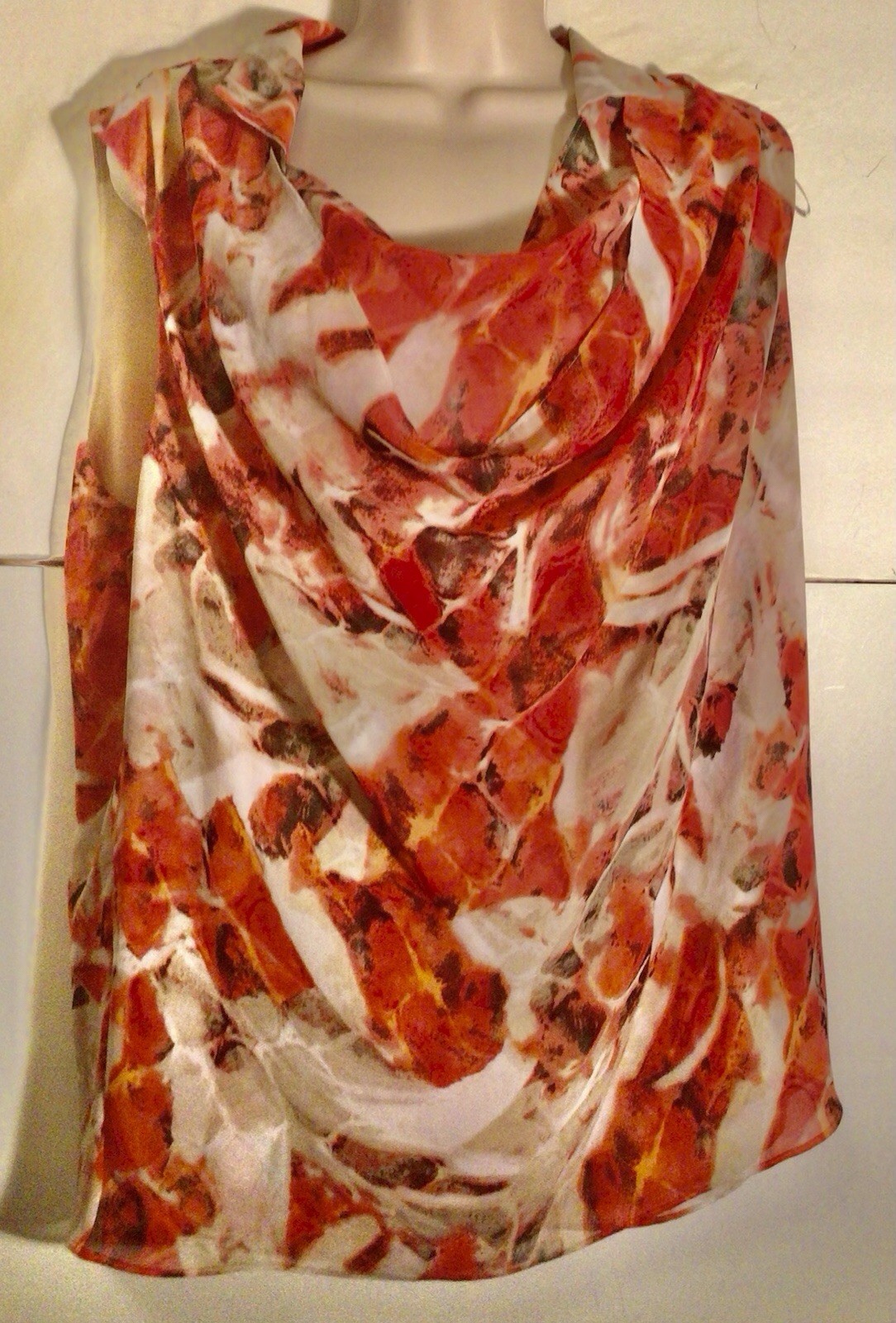 CALVIN KLEIN SIZE L TOP MULTI ORANGE WATERCOLORED PRINT LINED DRAPED NECKLINE