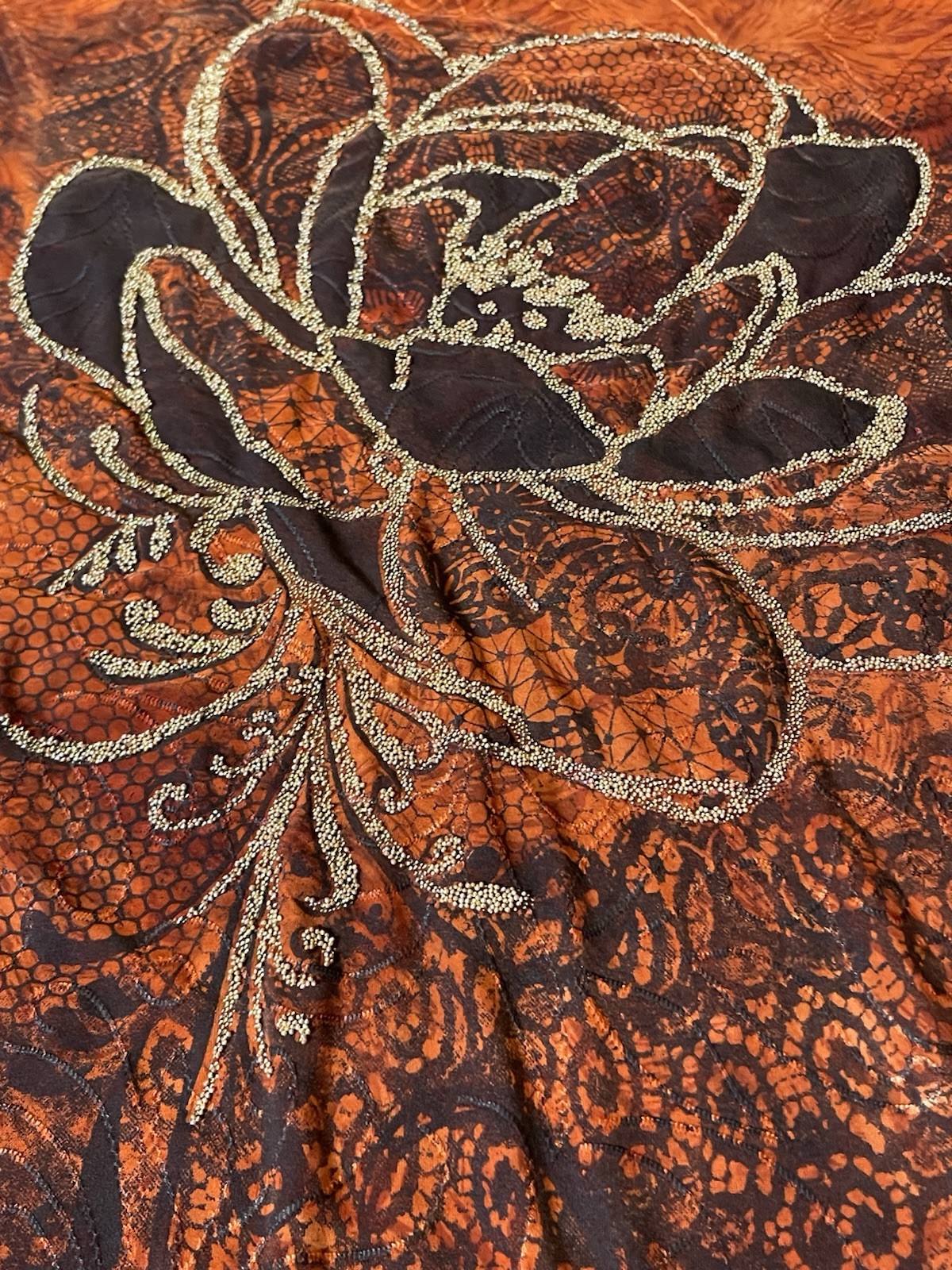 90s Essentials Floral Blouse 3X Rustic Brown Beads Side Ruched Boho Cottagecore
