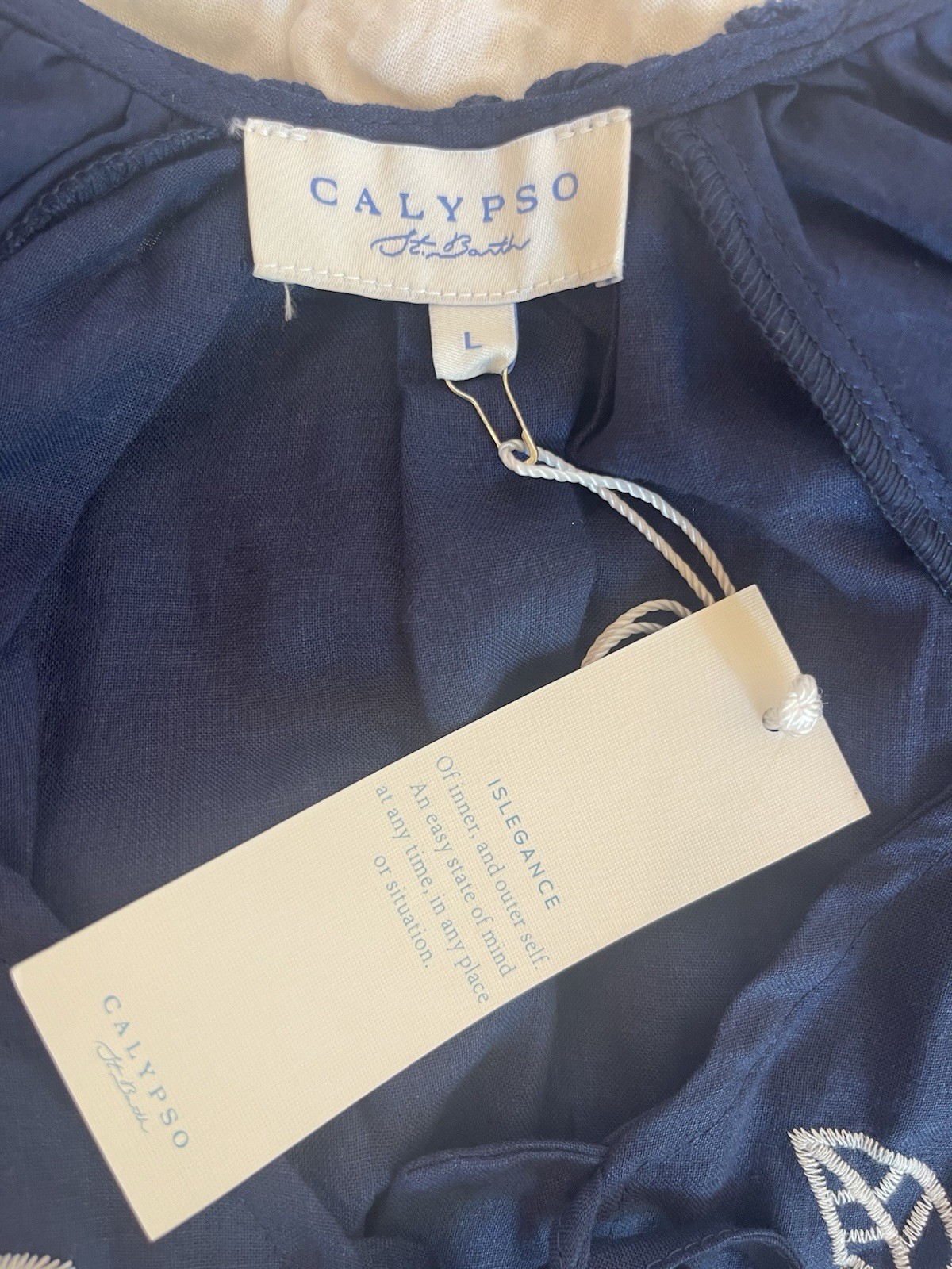 Calypso St Barth Navy Embroidered Linen Blend Top L Puff Sleeve Boho Luxury NWT