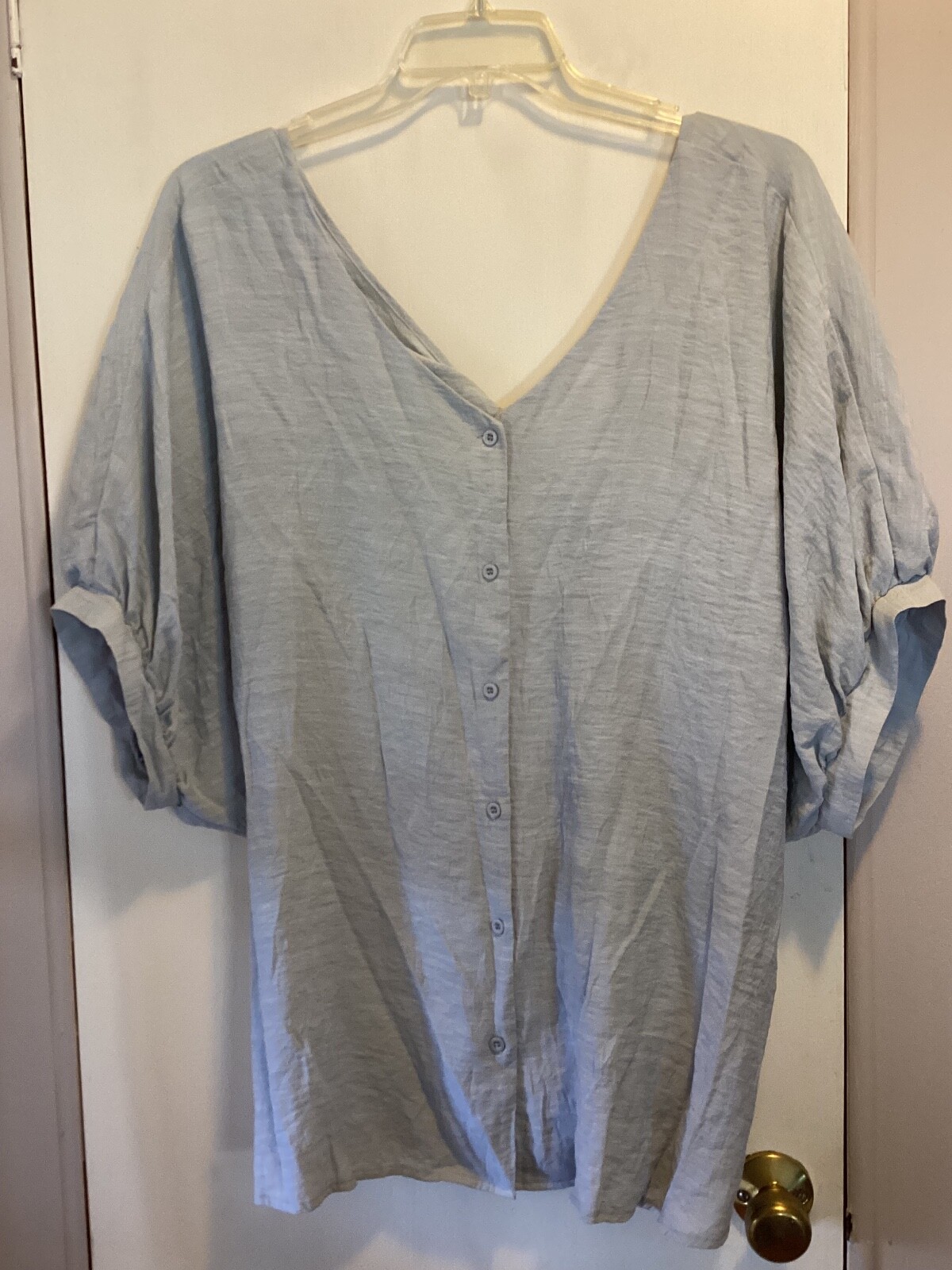 Oddy Dusty Blue Button Up Front Twisted Back V~Neck Blouse 3XL