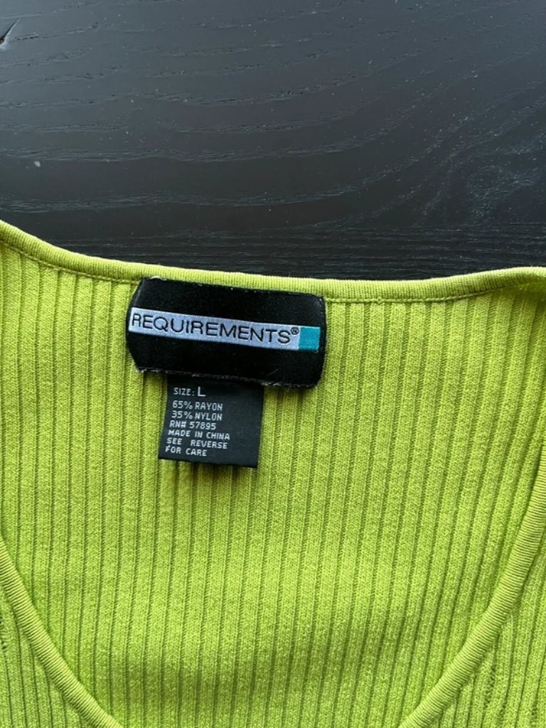 Requirements Size L Vibrant Lime Green Ribbed Knit Top, 65% Rayon / 35% Nylon