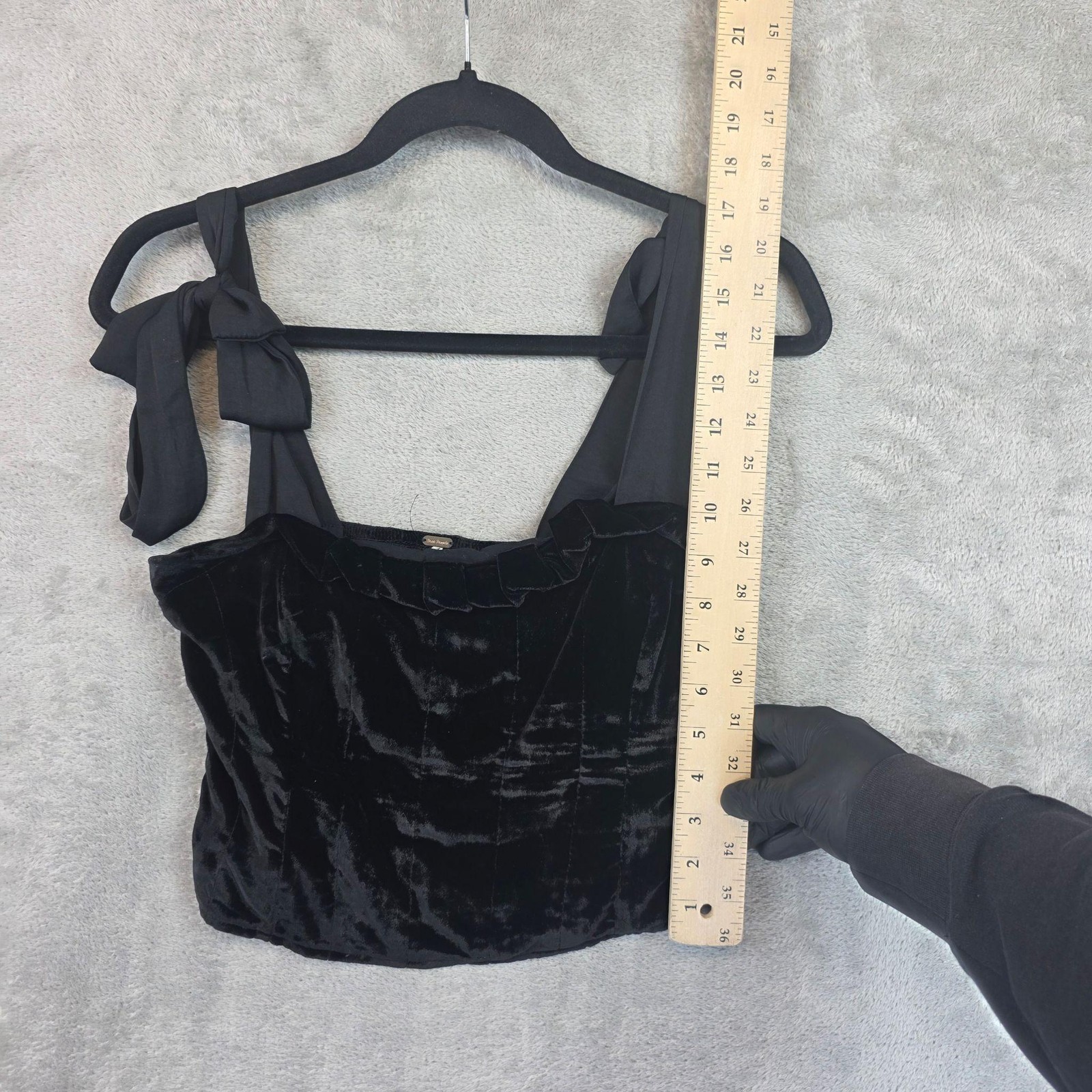 Free People Tank Top Womens XS Black Velvet Square Neck Tie Strap Lined Cropped
