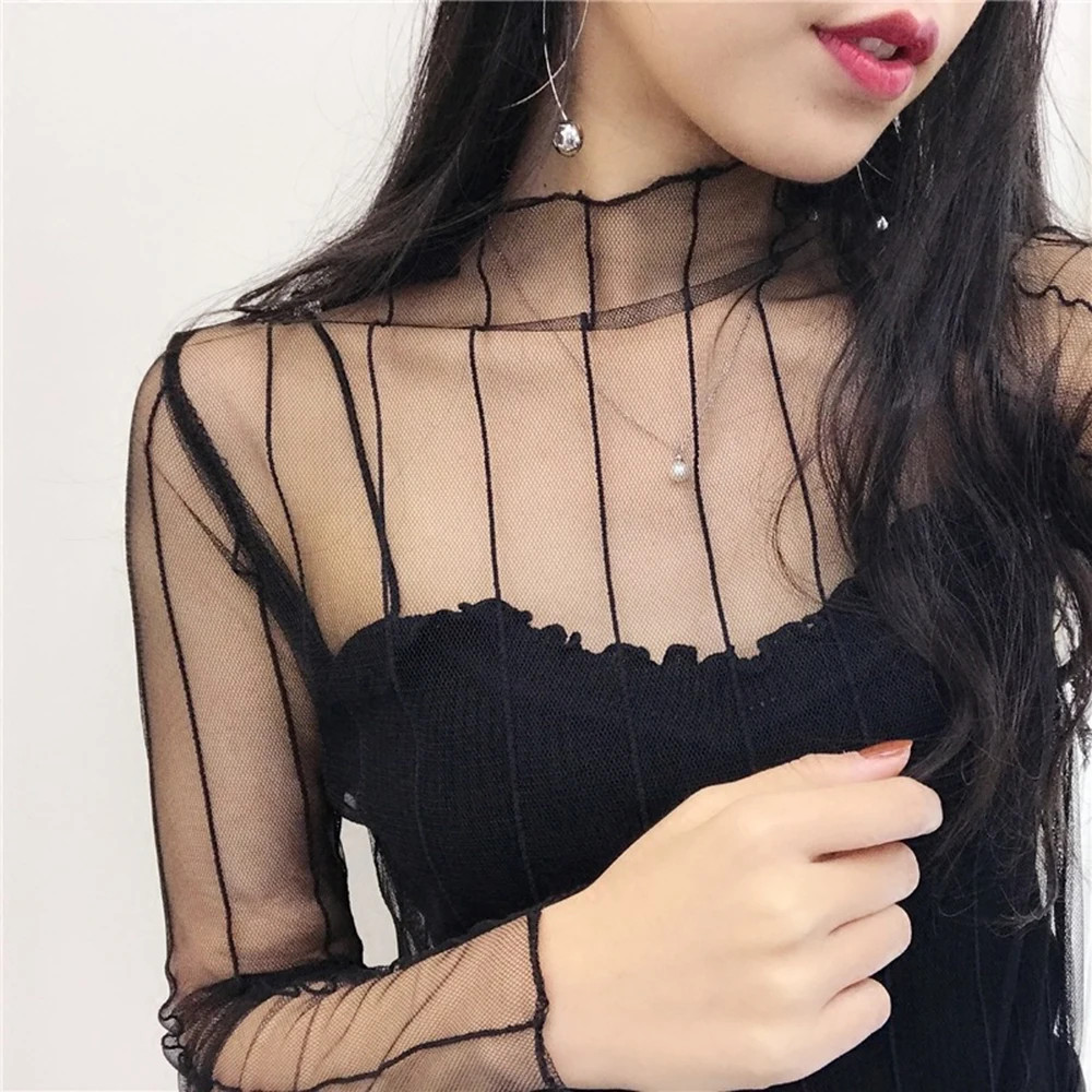 Mesh Sheer Floral Lace Top Women Long Sleeve See Through Sunscreen Blouse