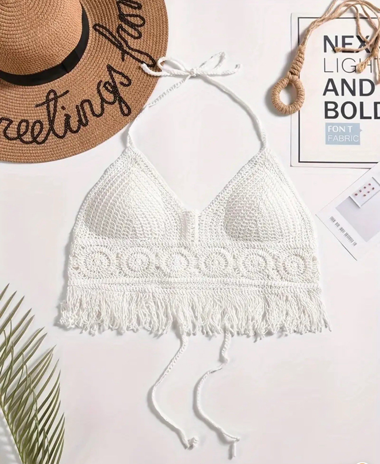 White Crochet Lace Halter Bralette Top Boho Festival Beach Crop Top One Size