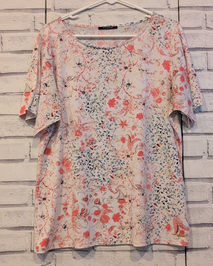 Tahari Women’s Size L Blouse Pink Blue White Floral Cold Shoulder Short Sleeve