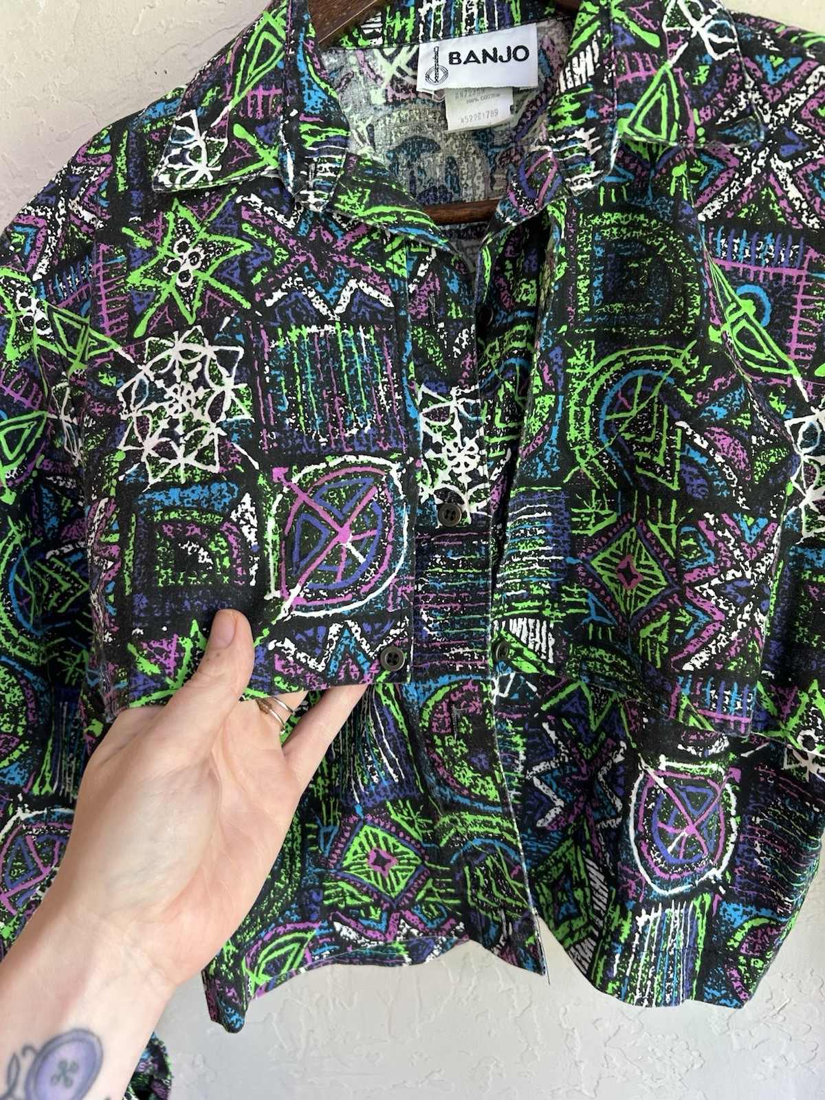 Vintage Banjo Dallas Cropped Button Up Top M Neon Maximalist Rave Grunge 80s 90s