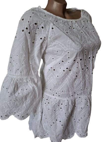 F&F White Cotton Eyelet Blouse Embroidered Lace Ruffle Peasant Top Cottagecore S